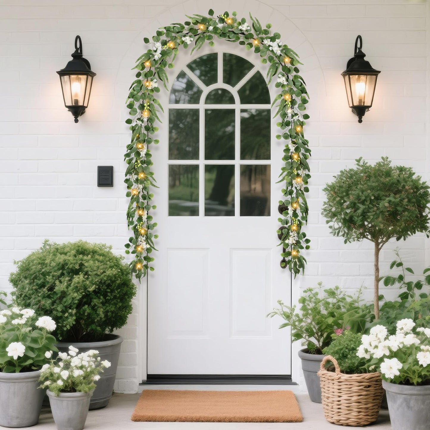 MDSTBN Eucalyptus Garland with Lights, 6FT Spring Garland Eucalyptus Leaves with Flower Berries Artificial Greenery Vine for Mantle Porch Wall Wedding Arch Backdrop Table Decoration