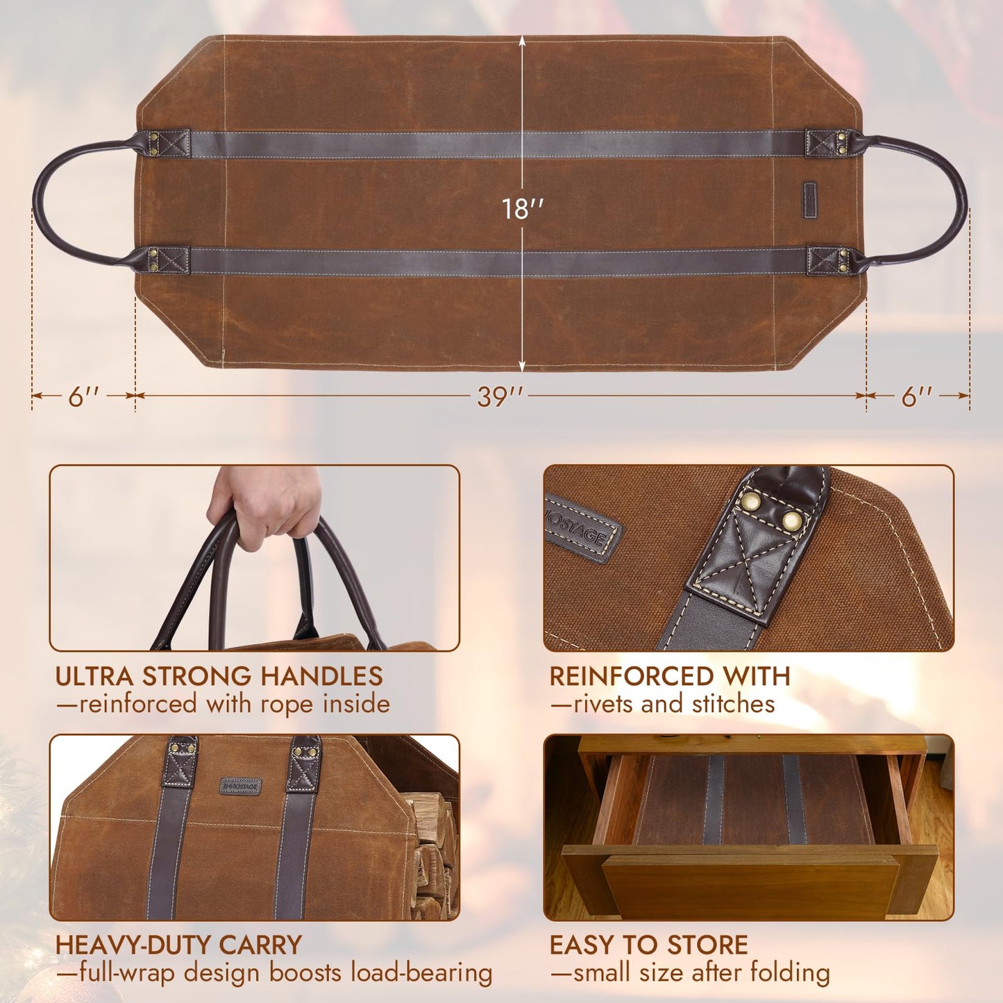 INNO STAGE Canvas Log Carrier Bag,Durable Wood Tote,Fireplace Stove Accessories,Extra Large Firewood Holder with Handles for Camping (Rust)