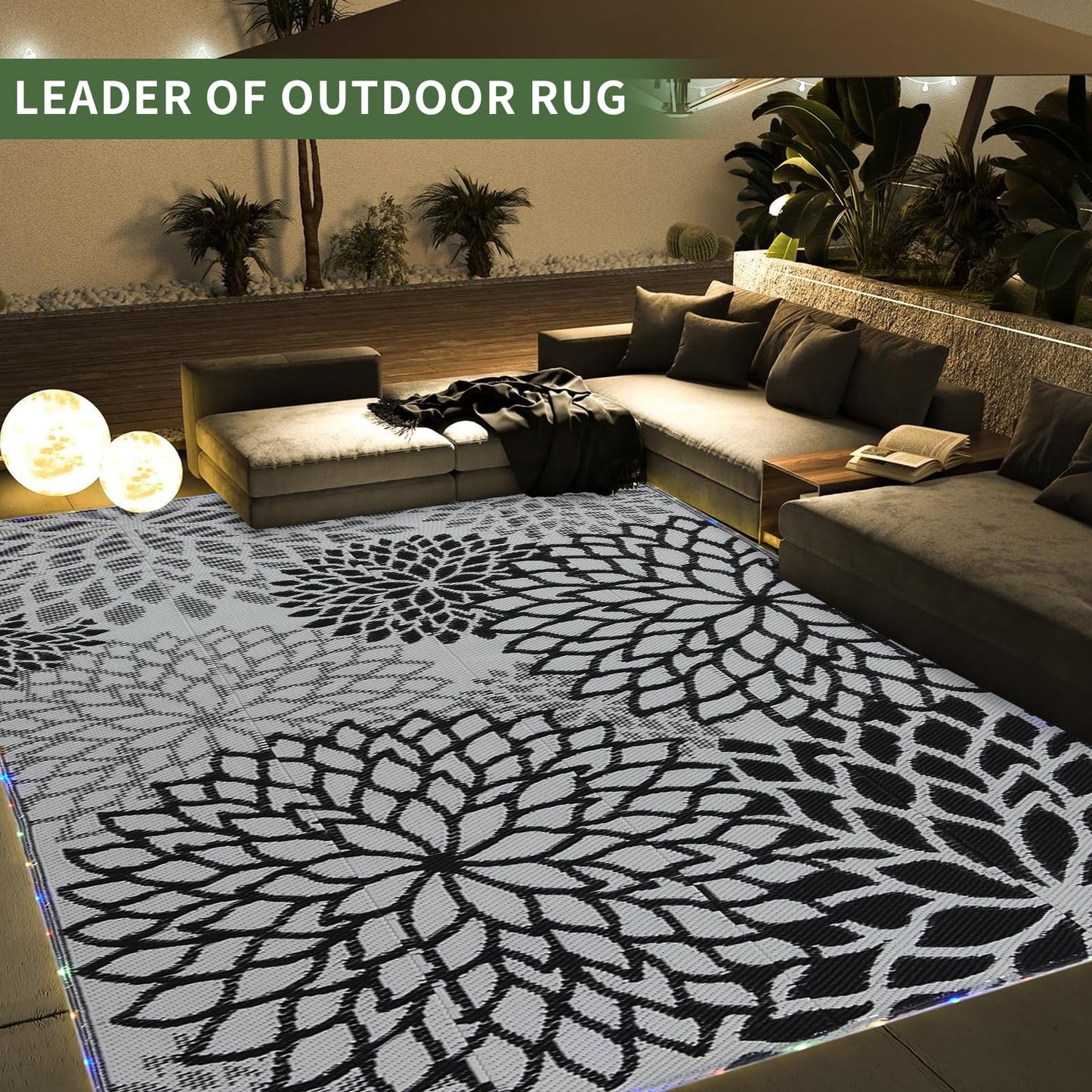 YONILE Outdoor Rug 8x10 ft with LED Light, Waterproof Reversible Outdoor Plastic Straw Rug for Patios Clearance, Large Outdoor Area Rug Carpet RV Mat for Camping Backyard Deck Porch Beach