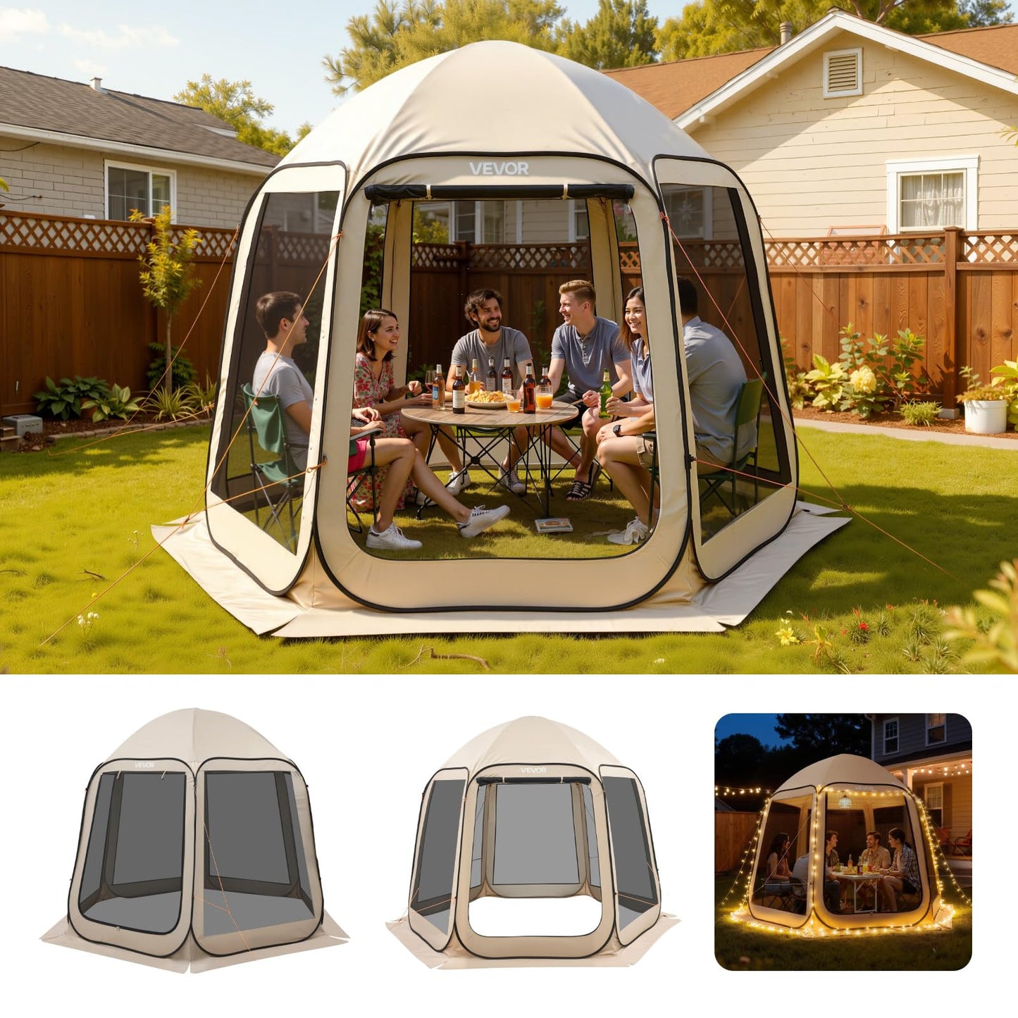 VEVOR Pop up Screen House Tent, 10 x 9.2 ft, 4-8 Person Screen Gazebo, Portable Screened in Canopy with Carry Bag, Netting Sides, Ground Stakes, for Garden, Patio, Backyard, Outdoor Activities, Beige