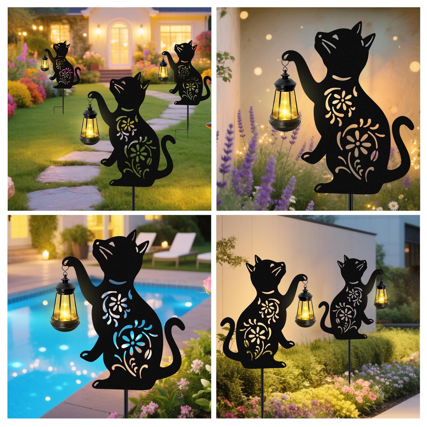 Solar Cat Hanging Lantern Outdoor, 2 Pack Black Cat Solar Lights, Cat Lover Gifts for Women Mom Grandma Birthday Mother's Day, Waterproof Garden Ornaments Decor Outside Backyard Patio Pathway