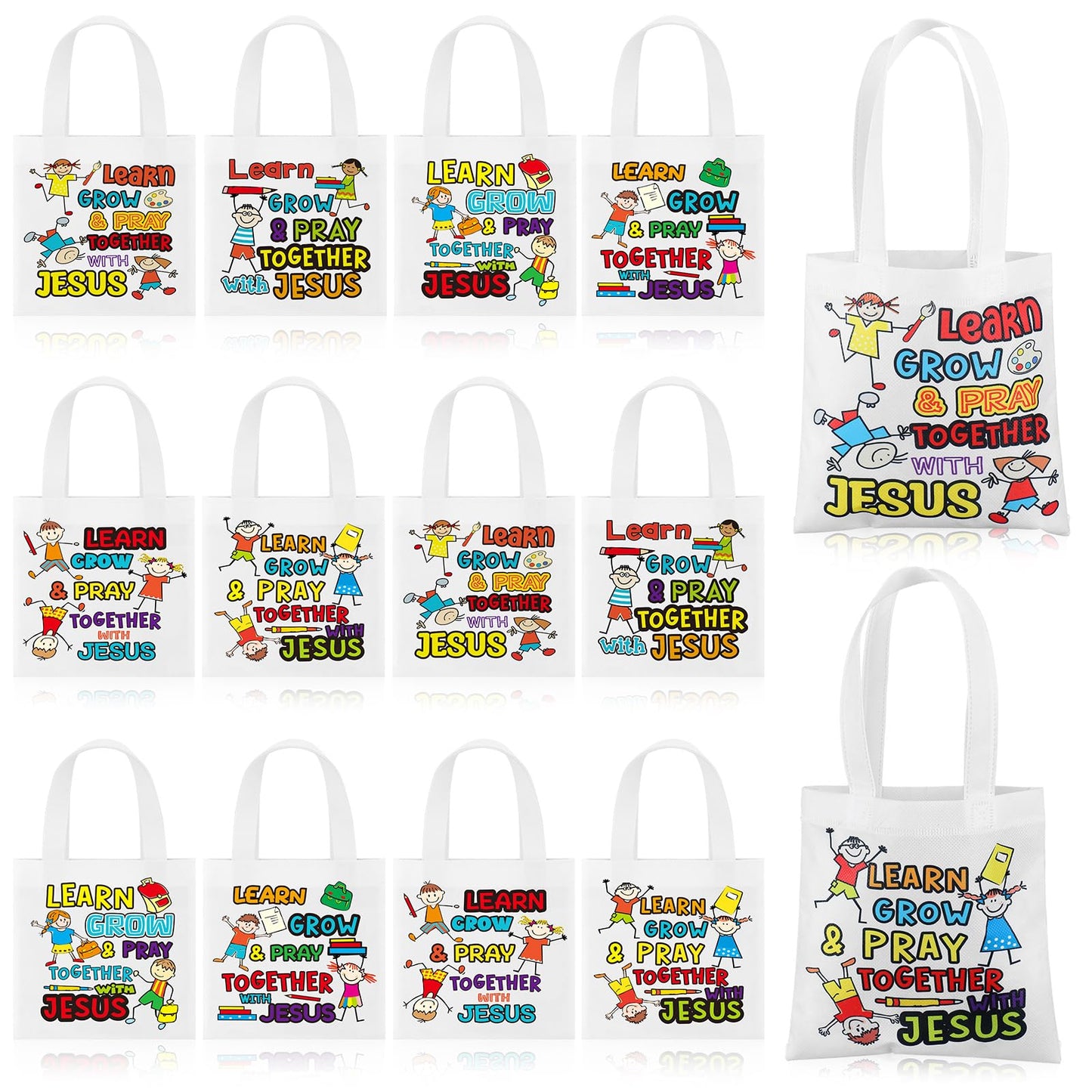 Cosblank 36 Pcs Religious Tote Bags Bulk for Kids Christian Learn Grow Pray Together with Jesus Gift Tote Christian Canvas Bags for Sunday School Church Classroom Prizes Party Favors Supplies Gift