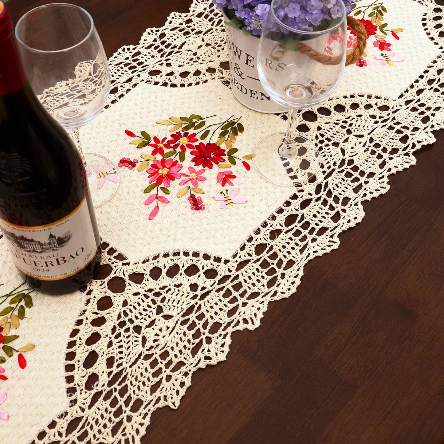 Grelucgo Handmade Crochet Table Runner with Floral Embroidery, Pink and Red (15 x 68 inches)