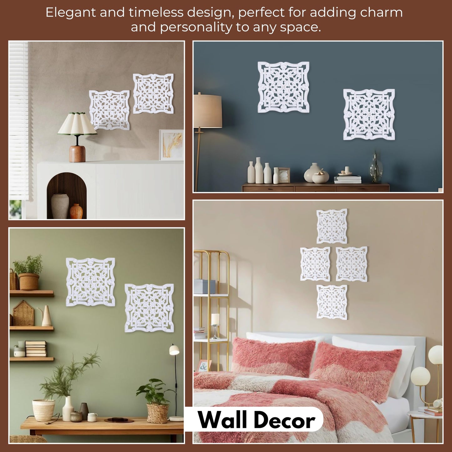 Woodify Hand-Carved Wooden Wall Décor – Set of 2, 12" x 12" Decorative Wood Panels, Floral Design, White Antique Finish, Wall Art for Living Room & Home Décor