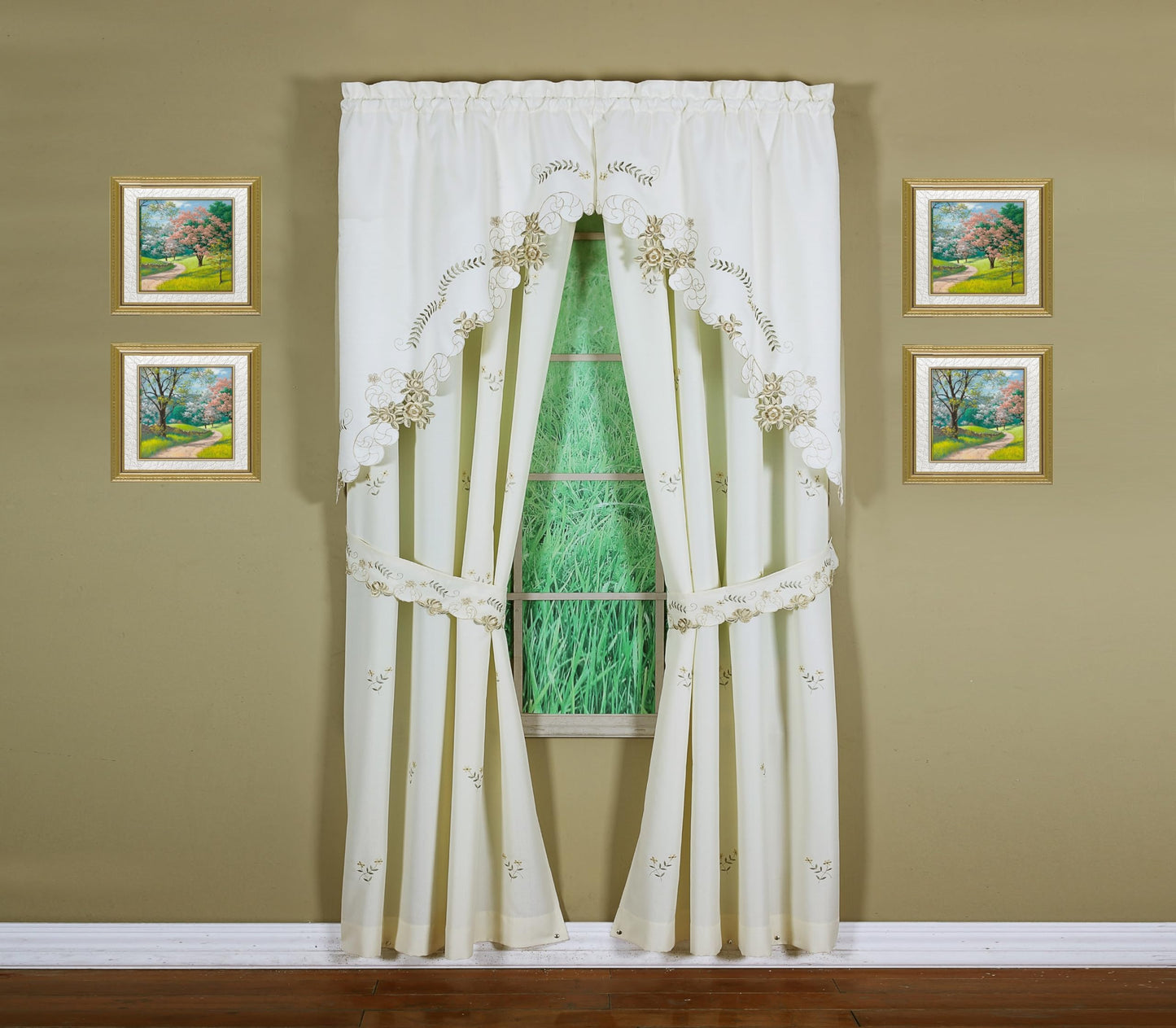 Today's Curtain Verona Reverse Embroidery Panel Pair and Tiebacks, 63", Ecru/Antique, 80" W X 63" L