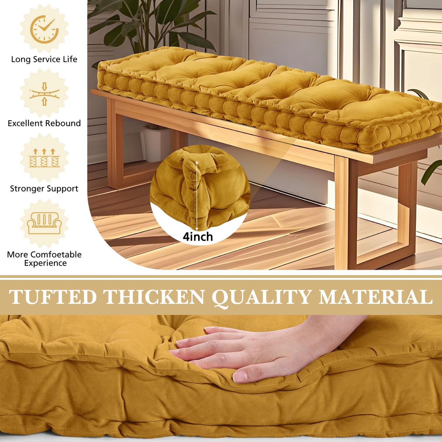 Threehoney Bench Cushions for Indoor Furniture 40x20 in Velvet Kitchen Dining Piano Window Seat Cushion, Tufted Patio Porch Swing Thicken Bench Pad Memory Foam(Yellow)