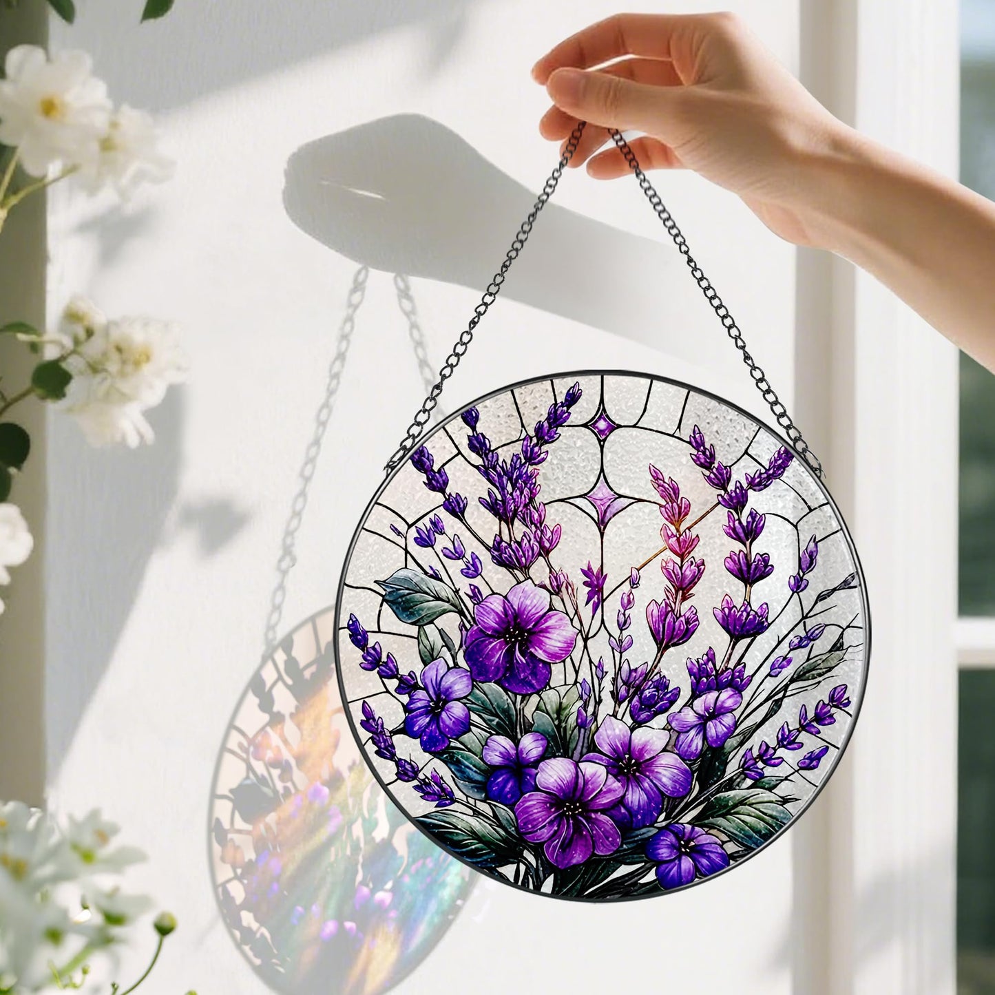 Bauhinia&Violets Flower Stained Glass Suncatcher, Stained Glass Window Hanging, 8 Inch Window Hanging Decor, Christmas, Mother's Day, Birthday Gifts for Mom, Grandma, Women, Wife, Lovers