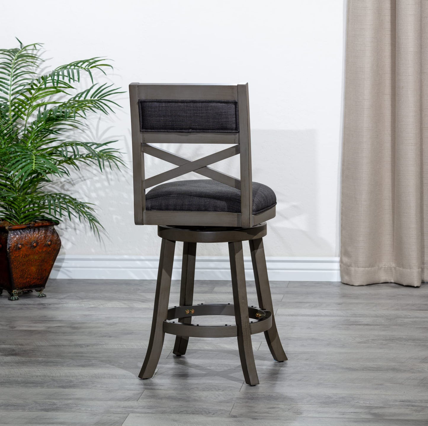 DTY Indoor Living Meeker 24 Inch Counter Height Bar Stools with Backs - Wooden Swivel Counter Stools for Kitchen Island - Charcoal Fabric Seat, Solid Wood Frame, Weathered Gray Finish