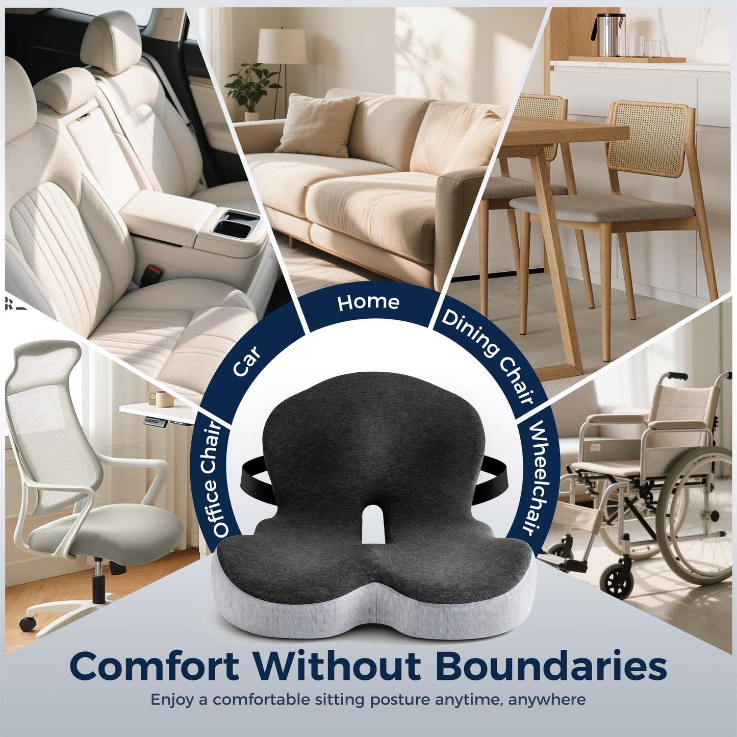 Seat Cushion, Office Chair Cushions for Tailbone Relief, Seat Cushions for Office Chair with L-Shaped Ergonomic Design & Adjustable Strap, Memory Foam Chair Cushion for Long Sitting Worker(Black Gray)