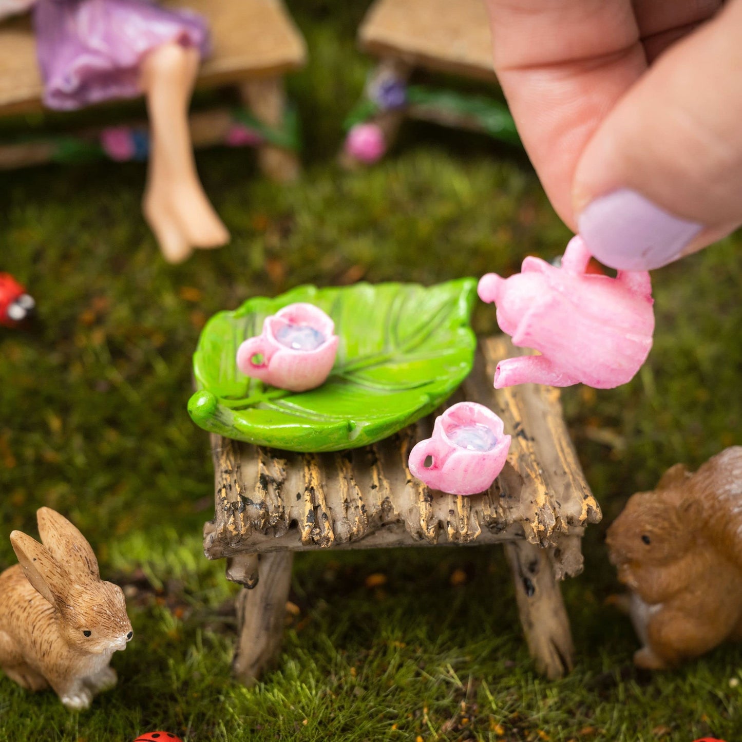 PRETMANNS Fairies for Fairy Garden Accessories for Outdoor - Figurine Bella and Furniture for Miniature Set with Squirrel, a Bunny, 4 Ladybugs - Ideal for Fairy Garden Starter Kit - 14 Piece Supplies