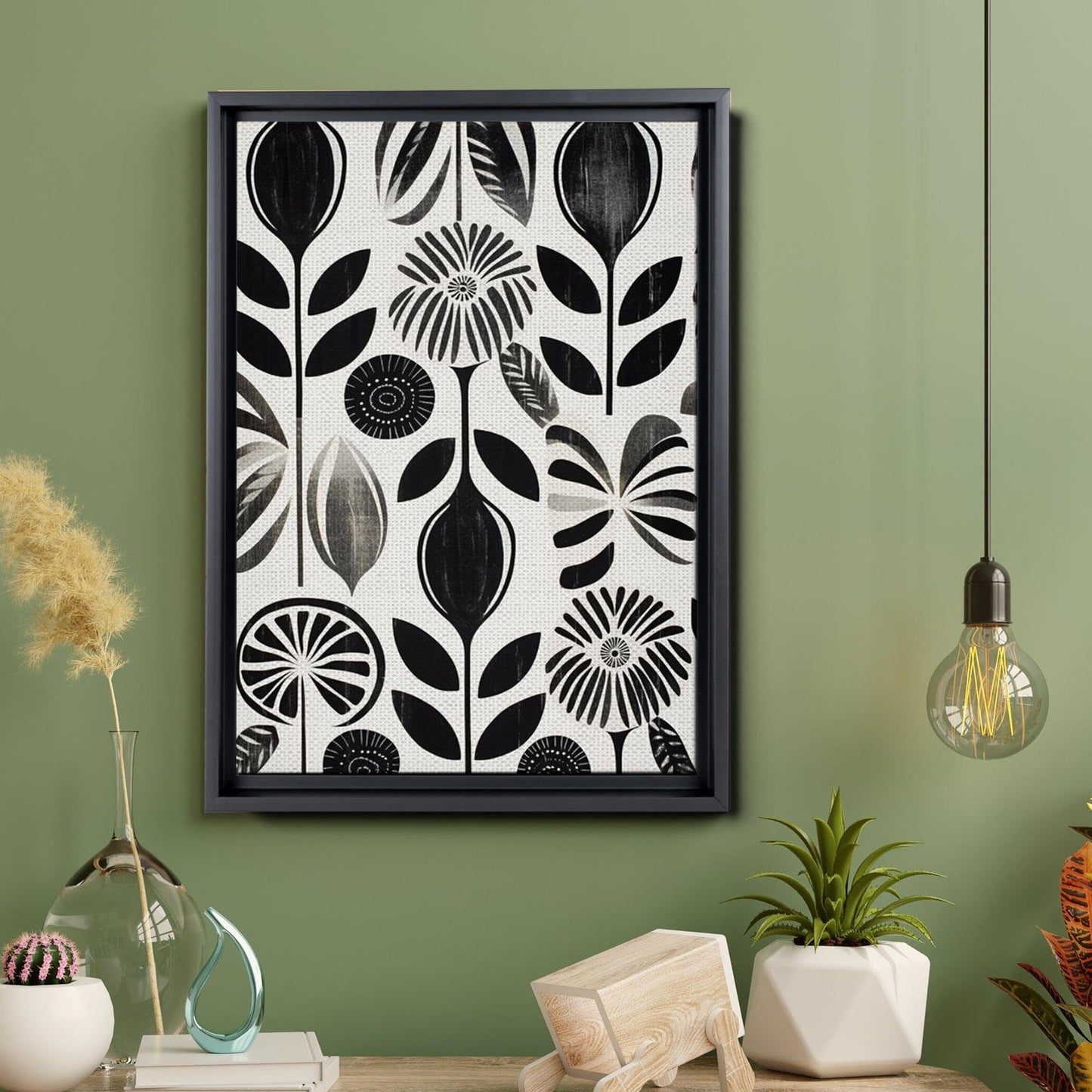 Scandinavian Folk Art, Black and Beige Abstract Botanical Wall Art for Scandinavian Home Decor