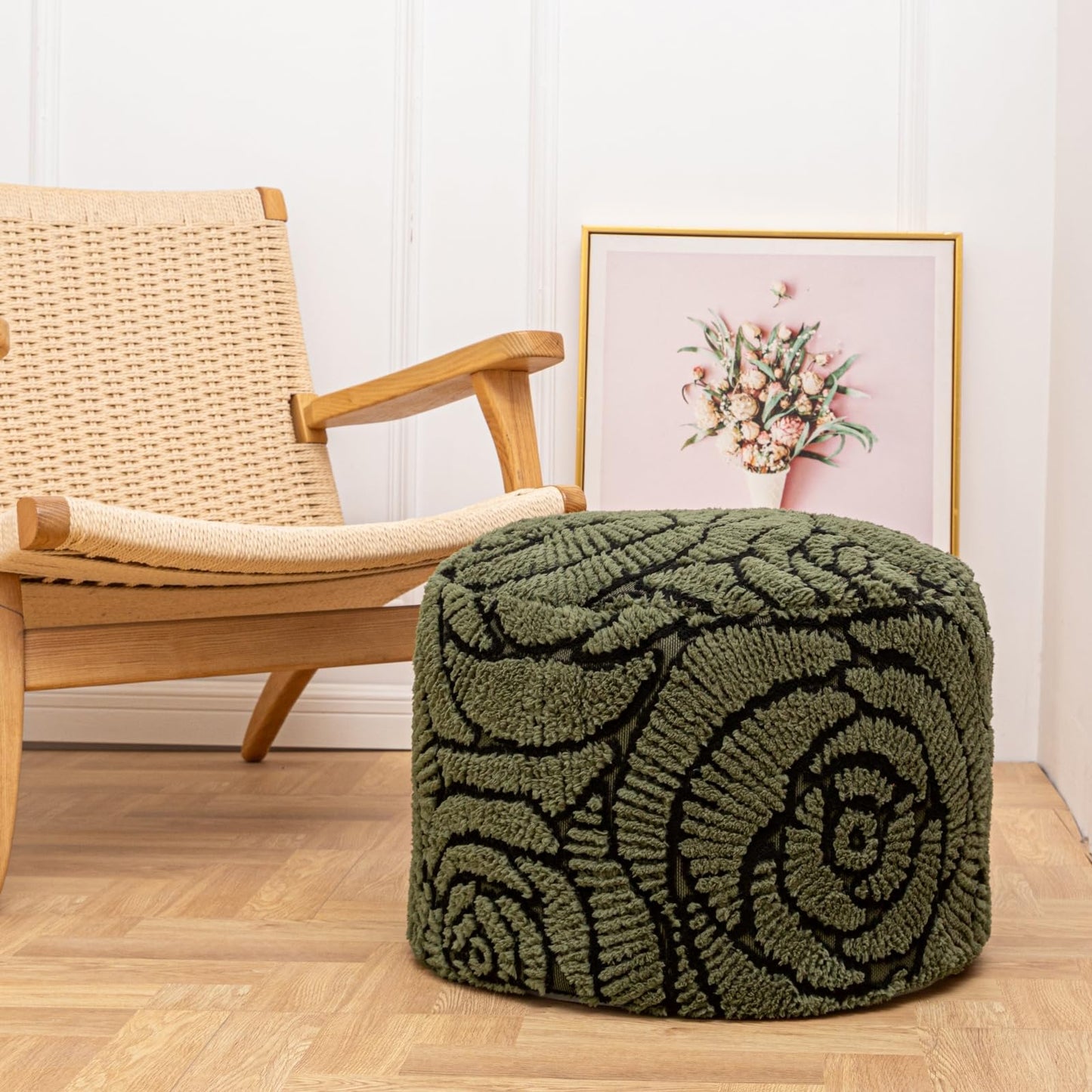 Asuprui Fluffy Flower Pouf Ottoman Cover Only – 20"x14" Round Plush Fuzzy Pouf Shell for Footrest, Stool or Floor Seat, Soft Removable Home Decor (No Insert Included) (Green)