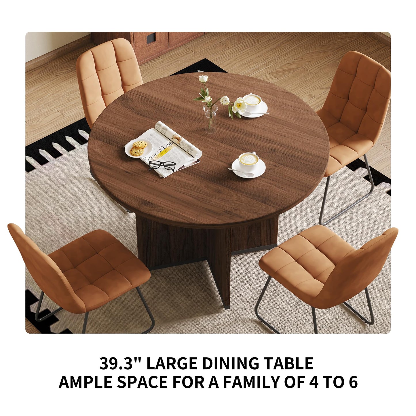 HIPIHOM Modern Round Dining Table Set for 4, 39.4" Walnut Kitchen Table with 4 PU Leather Chairs, 5-Piece Mid-Century Dining Room Set for Small Spaces, Pedestal Base