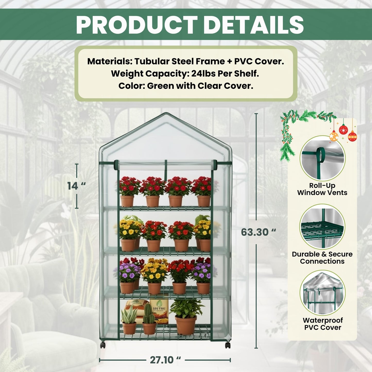 4 Tier Mini Greenhouse - Portable Greenhouse with Locking Wheels and PVC Cover for Indoor or Outdoor - 27 x 19 x 63-Inch Green House by Pure Garden