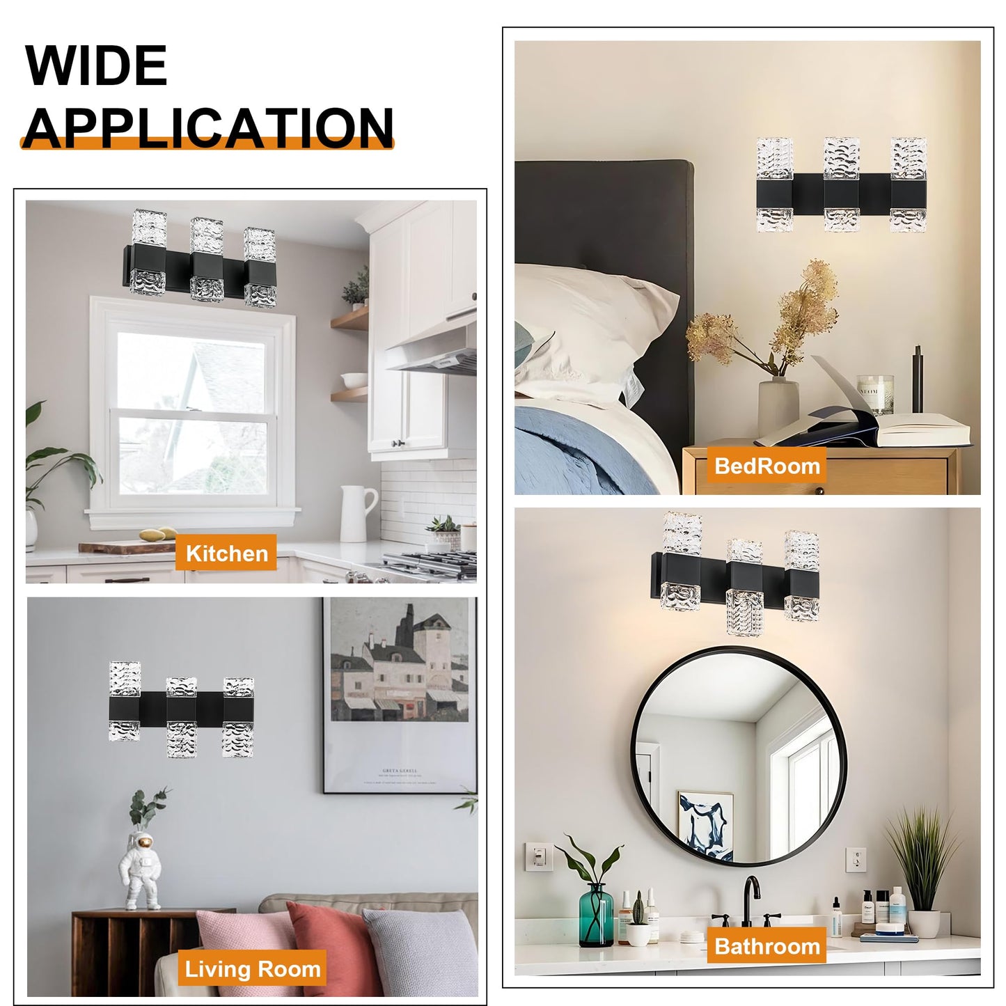 VINLUZ 3 Light Modern Bathroom Lighting Fixture Over Mirror in Matte Black Finish,3000K Dimmable Crystal Wall sconces LED Hardwired Vanity Light for Hallway Gallery