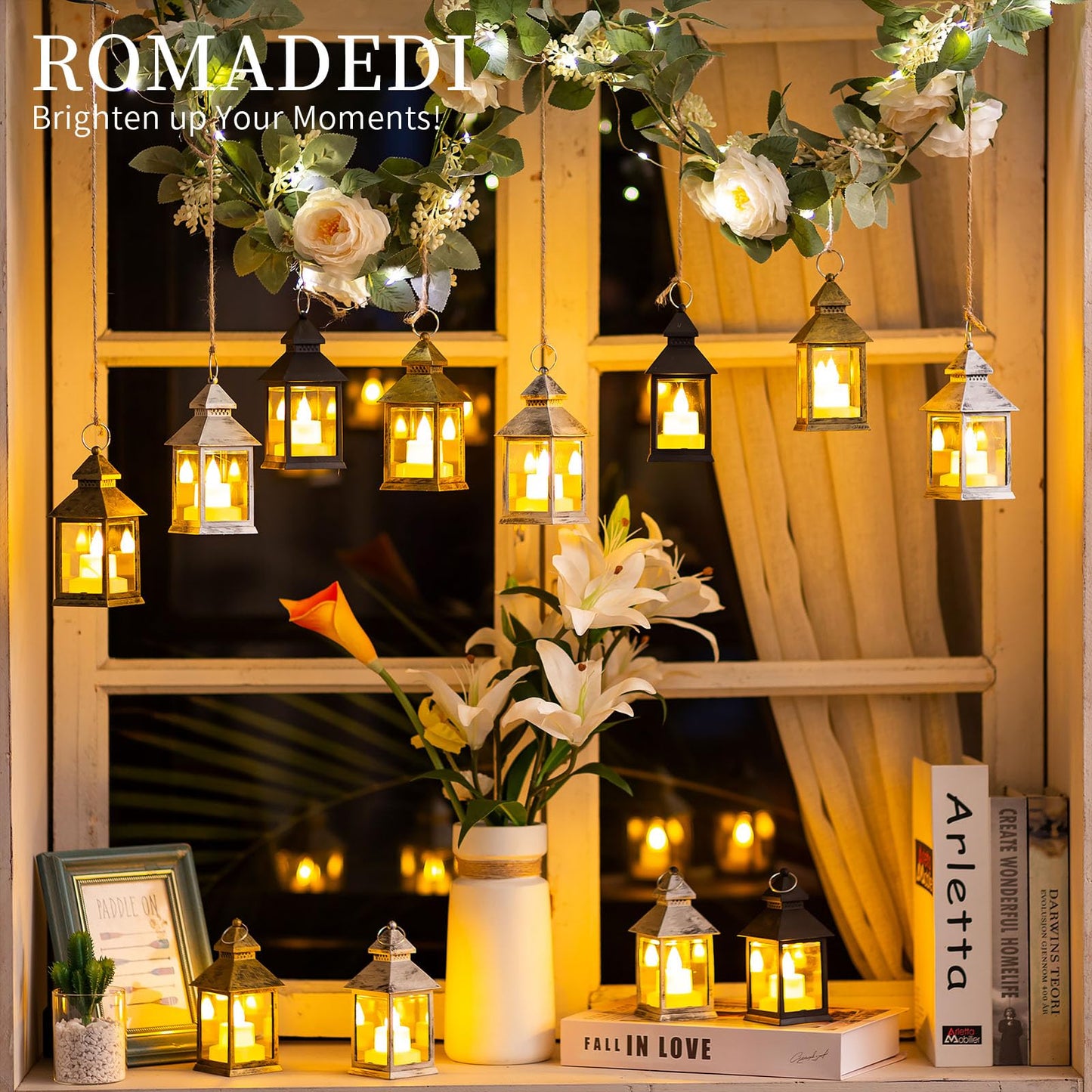 Romadedi Mini Lanterns Decorative for Centerpiece -10 PCS Hanging Small Gold Lantern Bulk with Flickering LED Candles for Wedding Table Decor Halloween Decorations Christmas, Batteries Included