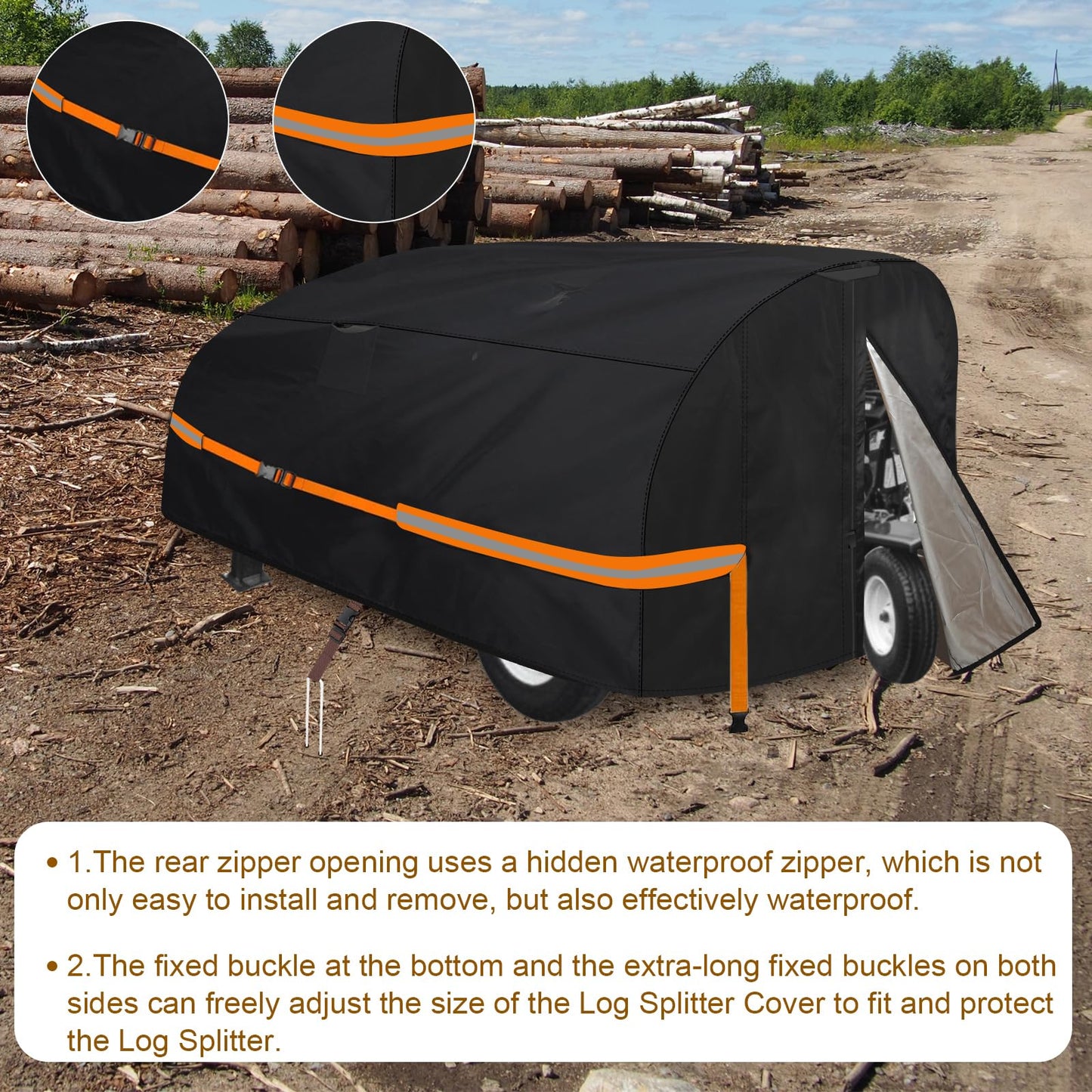 Goctoke 1200D Log Splitter Cover with Orange Reflective Strips, High Visibility Wood Splitter Protector for 15-60 Ton (94.5" x 49.6" x 41.7"), All Weather Tarp with Ground Stakes