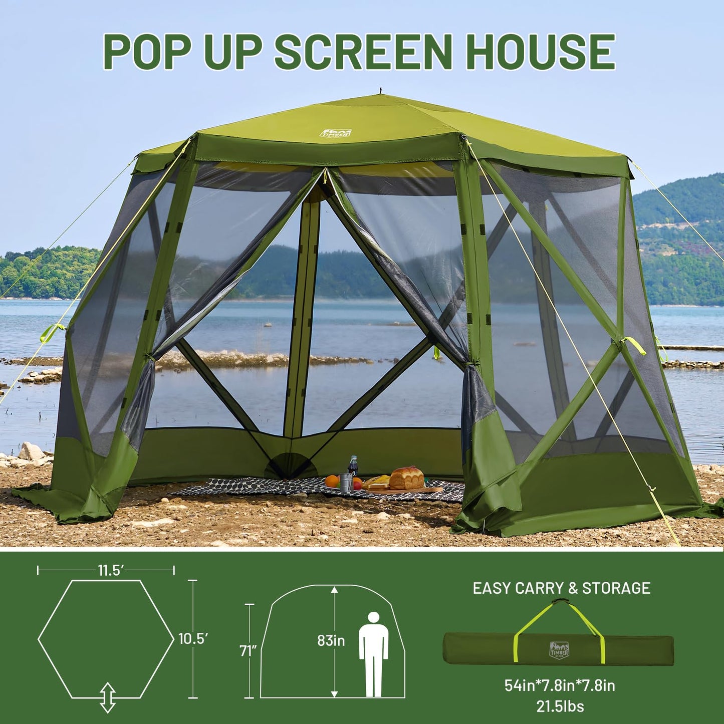 Timber Ridge Easy Pop Up Gazebo Canopy Tent for Camping, 11.5 X 9.8 Ft Portable Instant Screenhouse, Pop Up Screened in Canopy with Netting for Backyard, Patio, Outdoor, Tailgating, Picnics, Green