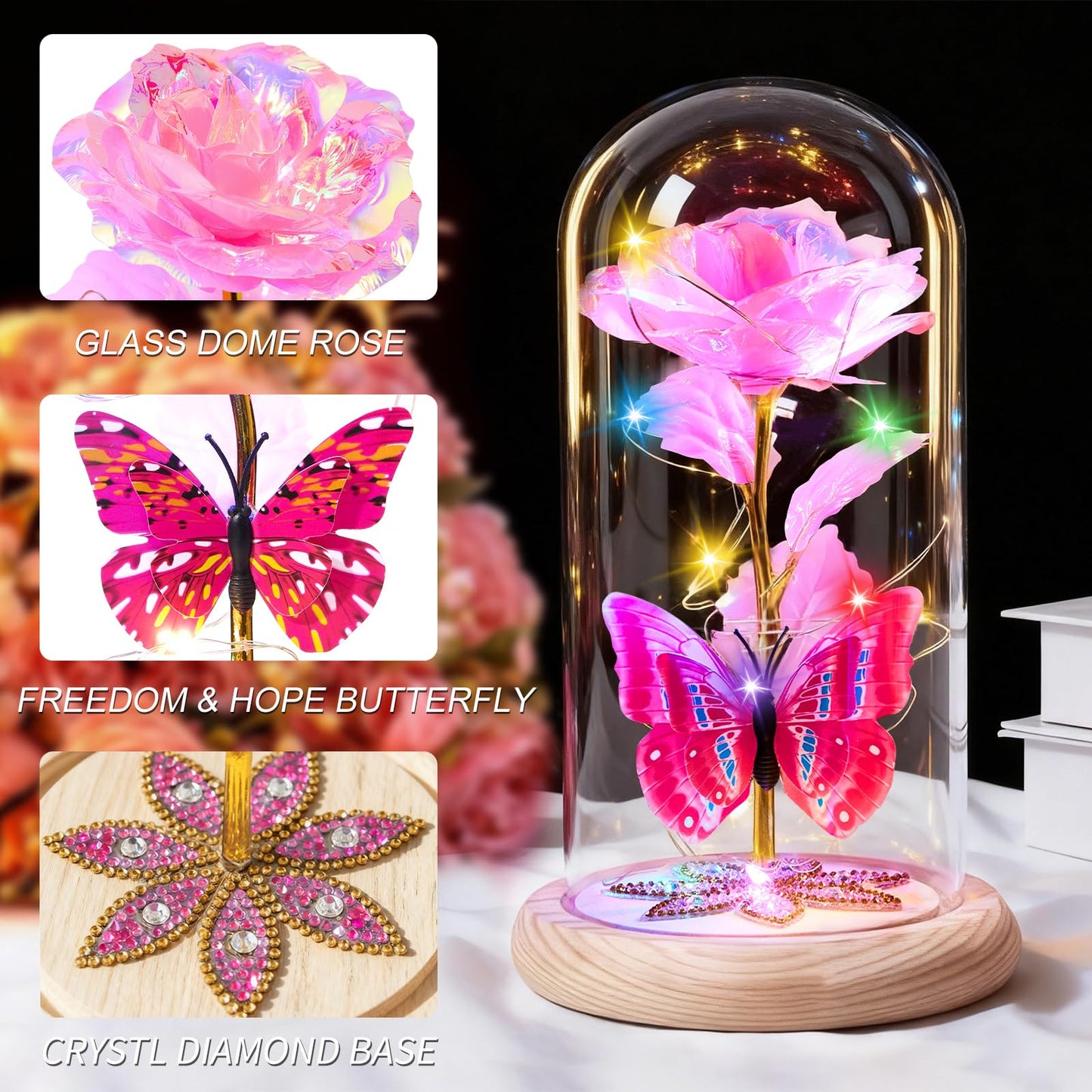Beferr Birthday Gifts for Women Galaxy Glass Rose Forever Preserved Flowers for Delivery Light Up Rose in Glass Dome Mothers Day Pink Butterfly Gifts for Mom Grandma Wife Her Daughter Girlfriend
