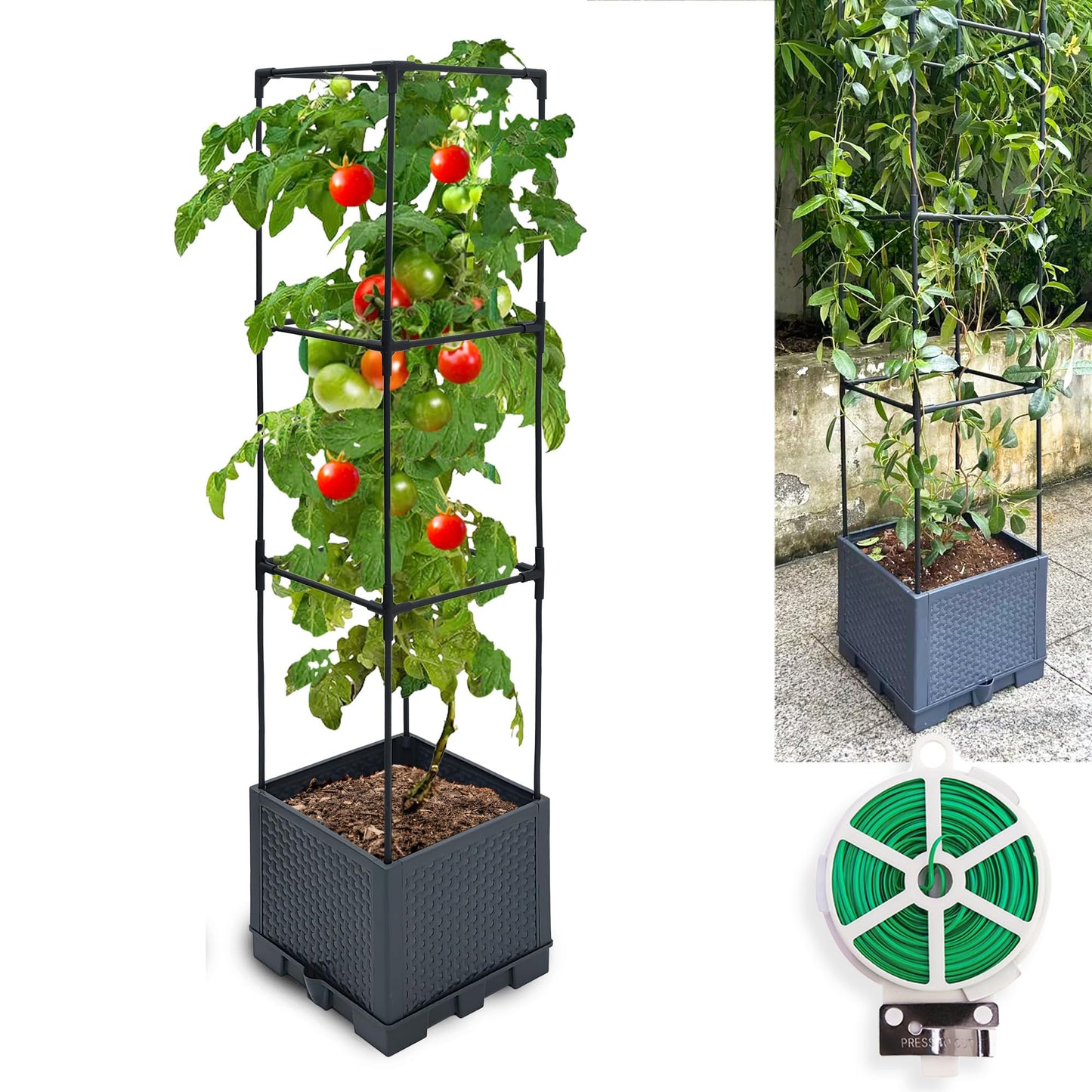 Sumloty Raised Garden Bed Planter Boxes, 1 Pack 44" Self-Watering Tomato Planter with Trellis for Climbing Vegetables Plants Grape Fruit Flowers,Use for Indoor Outdoor Garden Patio