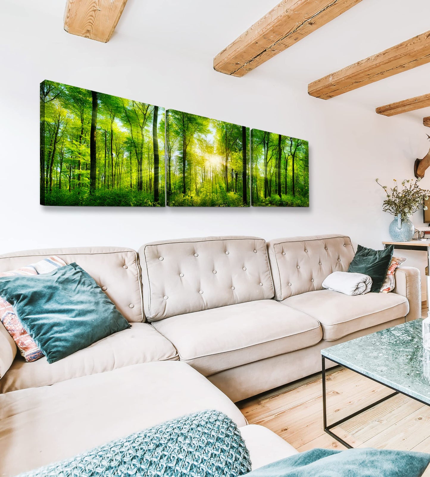 Forest Wall Art Decor - Large Canvas Art 24x72 - 3 Panel Green Nature Print - Forest Picture of Trees Wall Art - Landscape Nature Canvas Wall Art for Living Room, Bedroom & Office