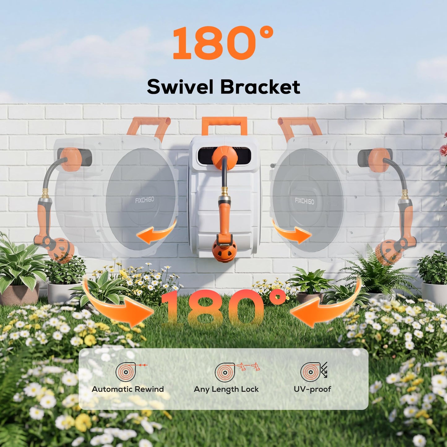 FIXCHIGO Retractable Hose Reel 5/8" x 100 FT, Heavy-Duty Garden Hose with Aluminum Bracket & Brass Seal, 10-Pattern Nozzle, Auto Rewind & Any-Length Lock, 180 Swivel, Wall Mount for Yard Lawn Patio