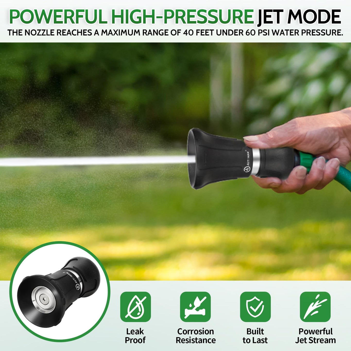 AUTOMAN Garden Hose Nozzle Heavy Duty, Fireman Hose Nozzle, High Pressure Water Hose Sprayer Nozzle, Adjustable Spray Nozzles for Washing Car, Cleaning Ground, Watering Plants, Showing Pets
