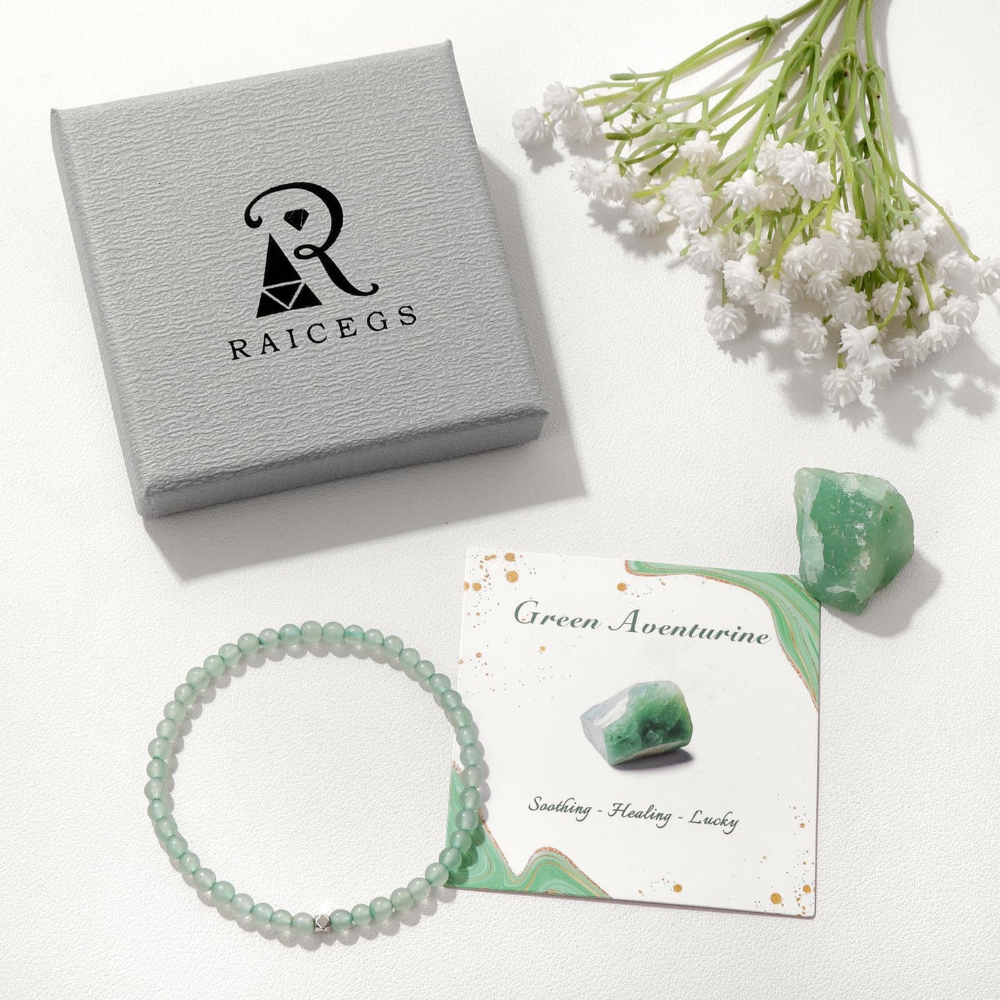 Raicegs 4MM Aventurine Beaded Bracelets Healing Crystal Bracelet for Women Men Natural Stone Handmade Stretch Bracelet Reiki Spiritual Jewelry