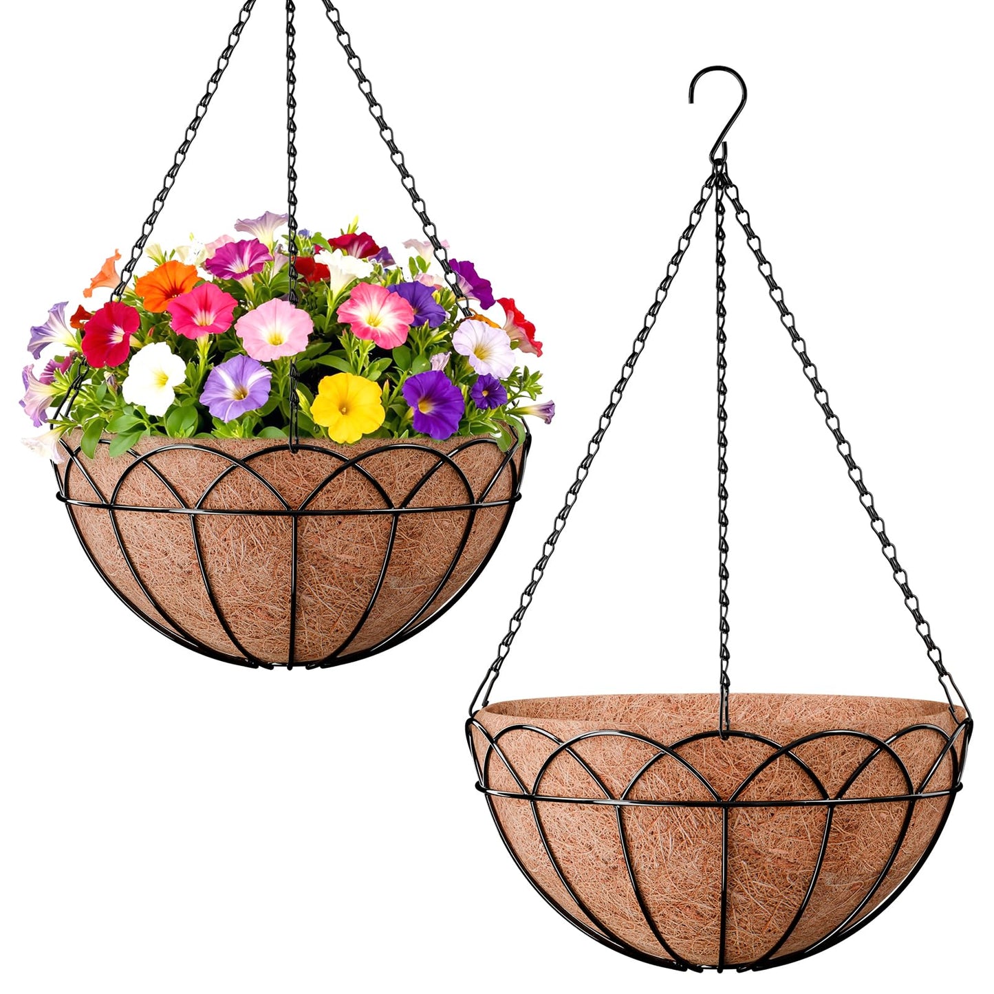 Halatool 2 Pack 14 Inch Hanging Baskets for Plants Outdoor- Small Hanging Garden Planters with Coco Liner for Outside, Empty Metal Wire Flower Holder Hanger Pot for Wall Patio Porch Balcony Decoration