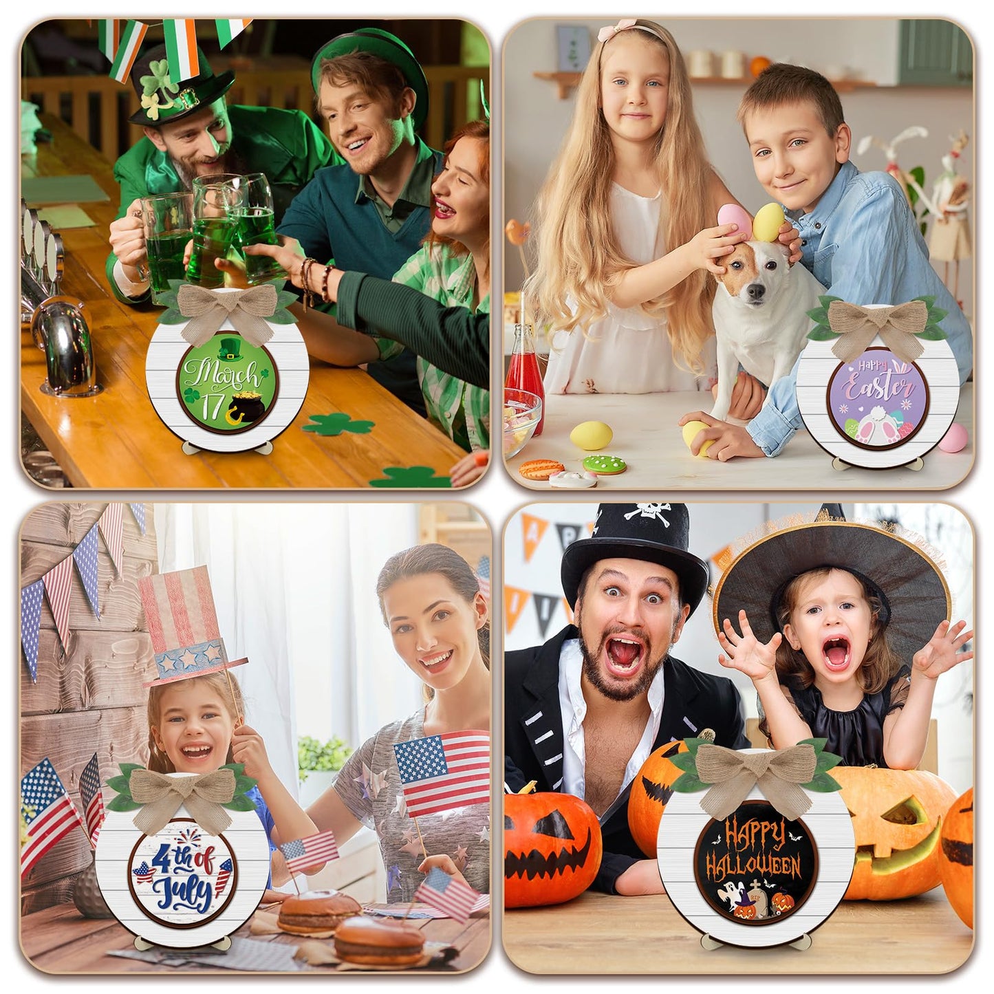 Geetery 17 Pieces Summer Interchangeable Season Sign DIY Holiday Icons Decor with Wooden Easel Round Home Decorative with 15 Seasonal Icons Holiday Sign Set for Tabletop Porch Decoration
