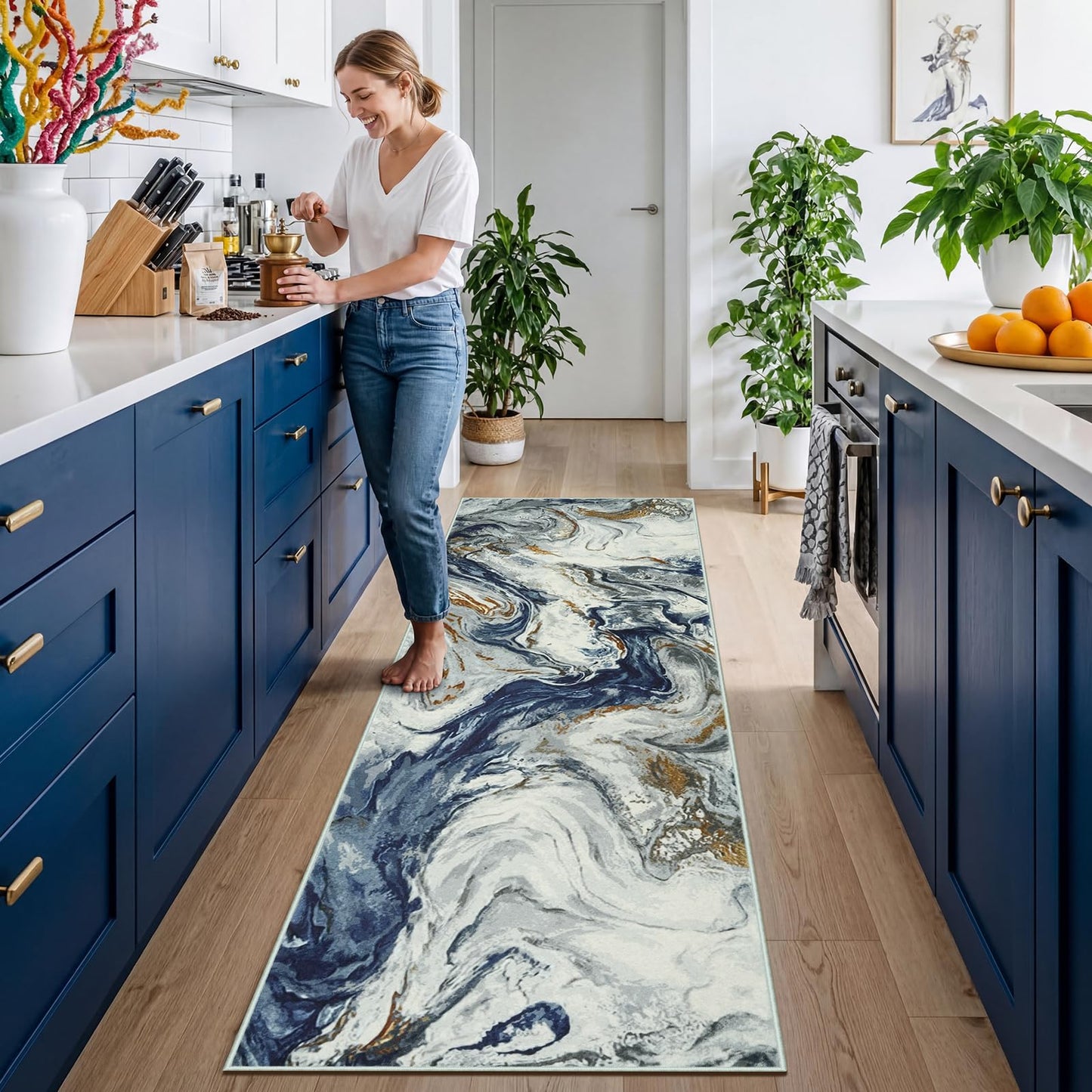 2x8 Kitchen Runner Rugs Washable Blue Soft Hallway Runner Non Slip Marble Entryway Rug Abstract Laundry Mat Stain Resistant Carpet for Entryway Bedroom Bathroom Beside Rug
