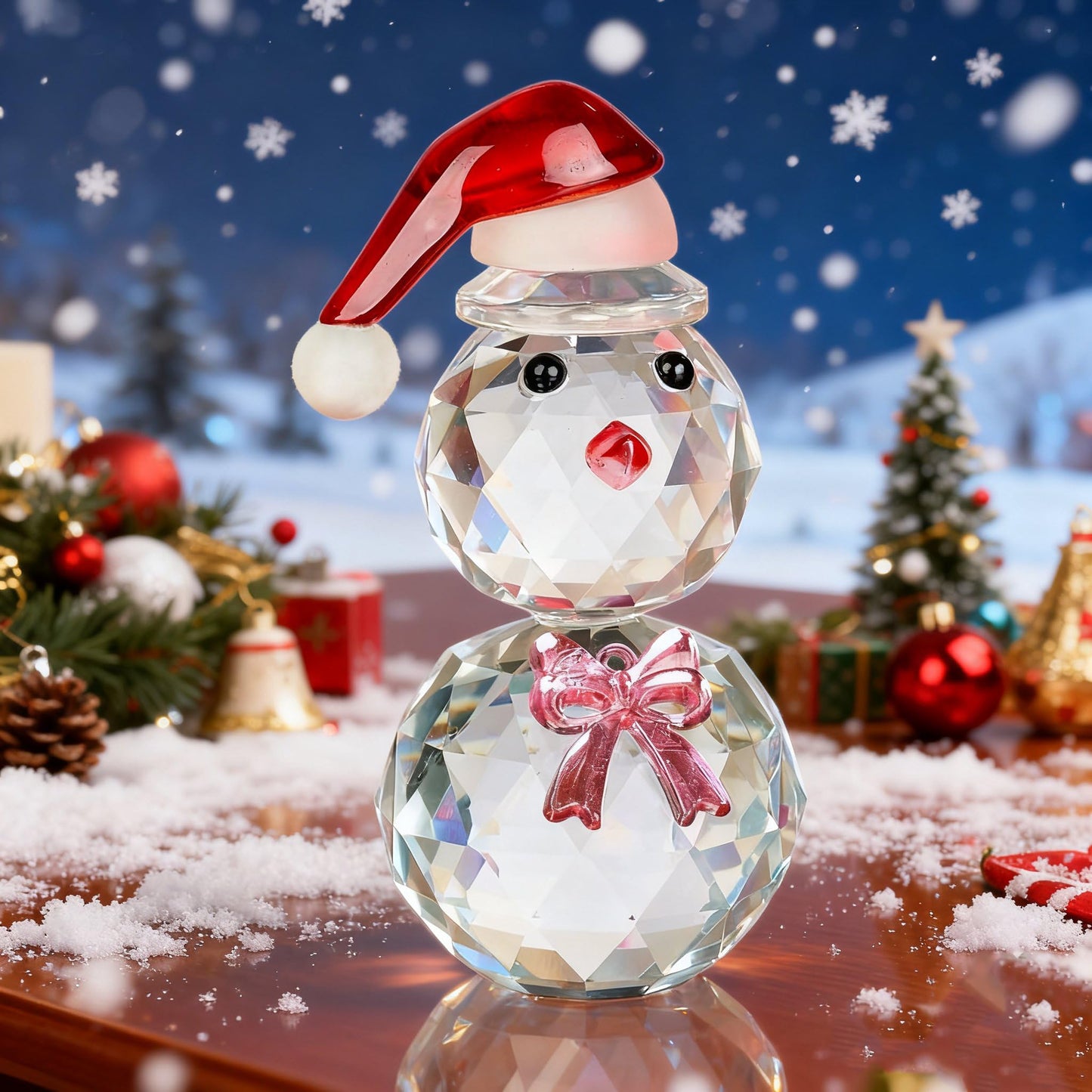 vskikris Christmas Snowman Figurine - Sparkling Crystal Snowman Figurine Decorations Christmas Glass Figurine Ornament with Red Hat, Festive Table Decor Xmas Gift & Collectible Paperweight