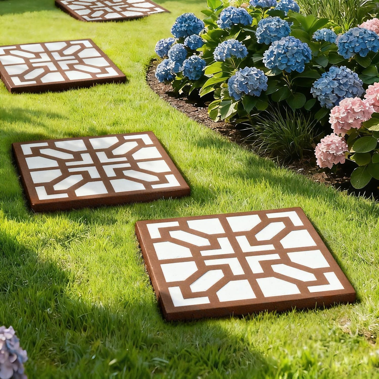 2 Pack Square Stepping Stones, 10” Cement Garden Path Stones in Moroccan Tile Design, Modern Geometric Outdoor Patio Decor, Weather-Resistant (Sahara Clay)