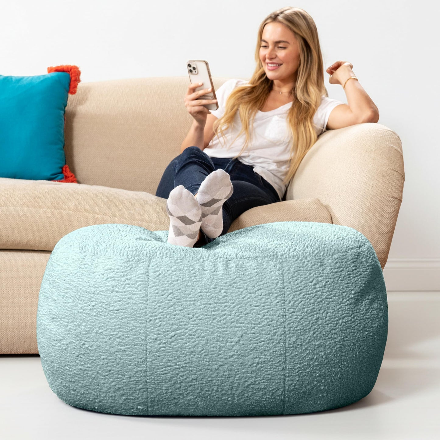 Jaxx Ellis Ottoman Shearling Faux-Lamb Plush Pouf for Modern Interior Design, Oval, Mineral Green