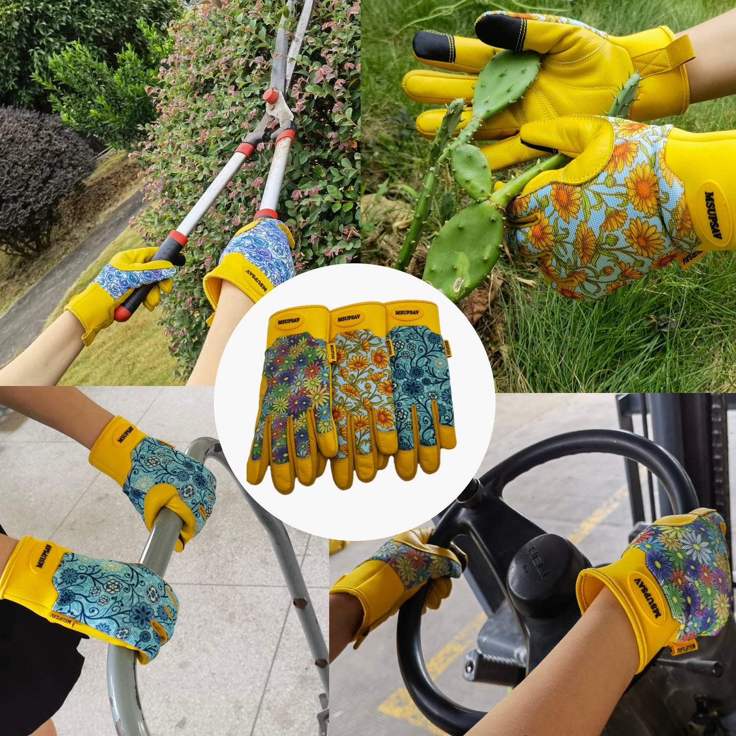 MSUPSAV Thorn Proof Gardening Gloves with Grip,Garden Gloves for Women,Cowhide Leather Work Gloves,Gardening Gifts for Women,Daisy,Large