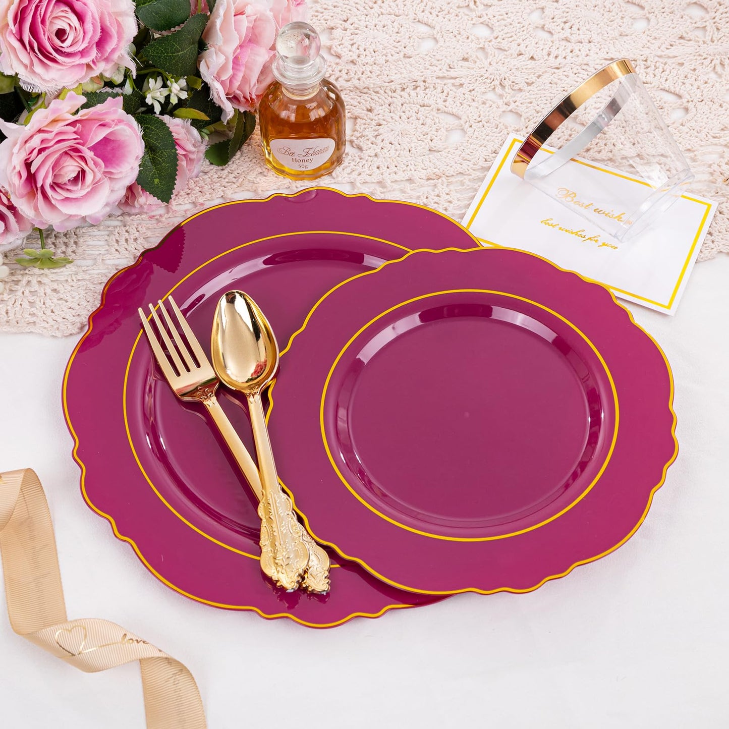 Liacere 350PCS Red Plastic Plates-Disposable Burgundy Red and Gold Plates 50guest Baroque Plastic Dinnerware include 100Plates, 50Pack Pre Rolled Napkins with Silverware 50Cups for Wedding&Mothers Day