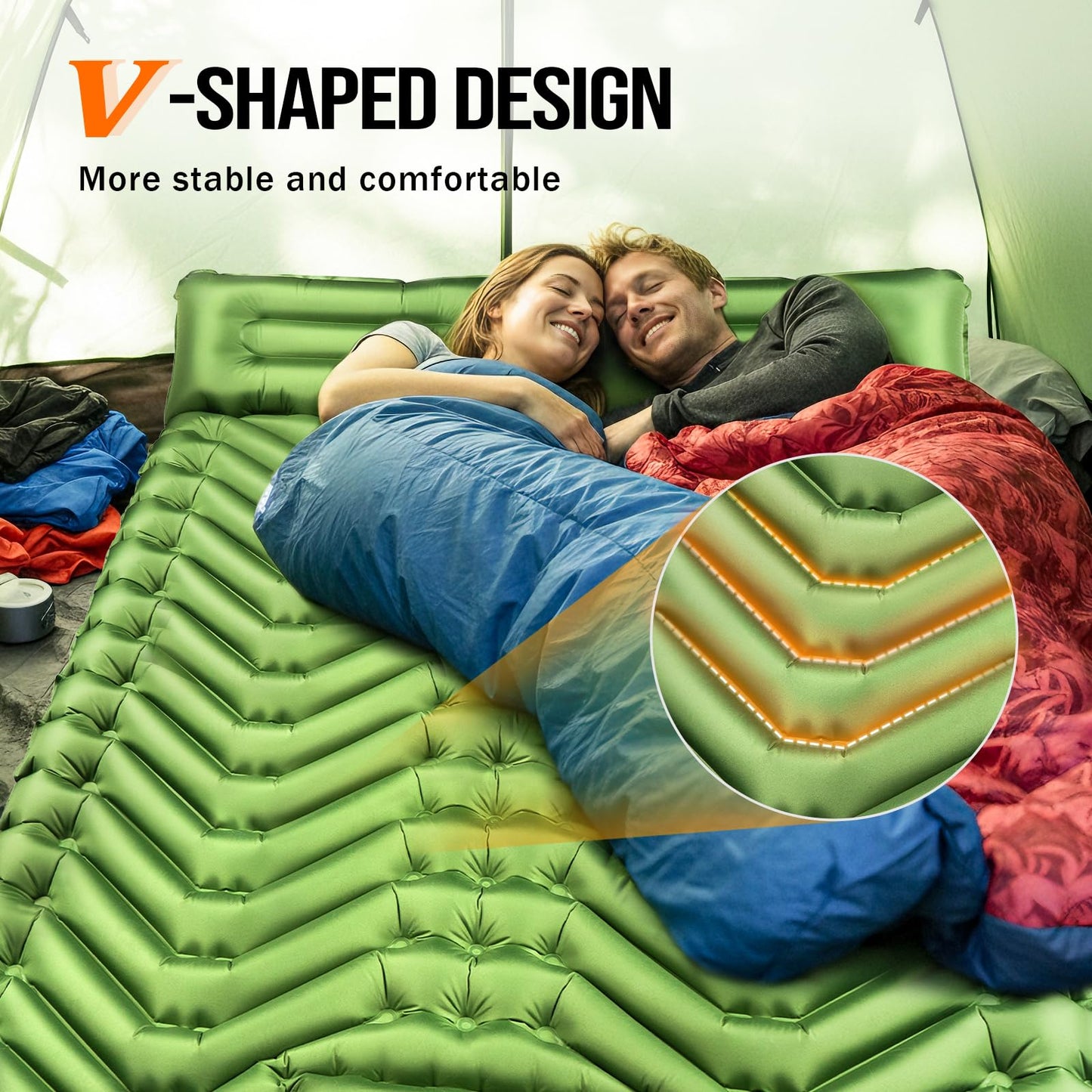 Double Sleeping Pad for Camping- 2 Person Camping Mattress with Pillow, Inflates in 60 Seconds Sleeping Pad with Pump-Electric/Foot Portable Air Pad for Backpacking, Hiking, Tent, Car Travel, Beach