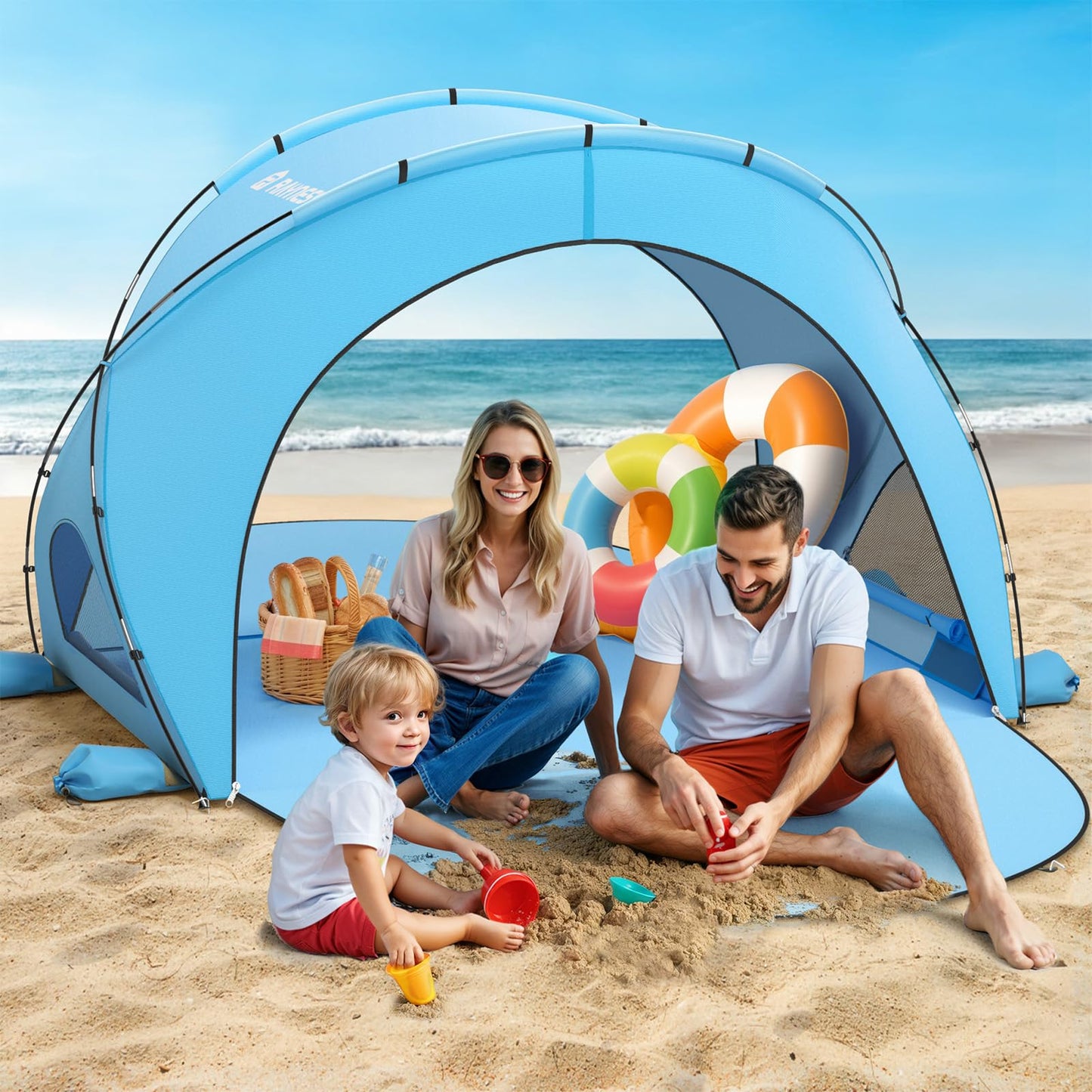 Raynesys Beach Tent Sun Shelter, Beach Shade Tent with UPF50+ UV Protection, Portable Sun Shelter for 1-3 Person, Shade Tents with 2 Zippered Doors for Sand Camping Fishing, Blue
