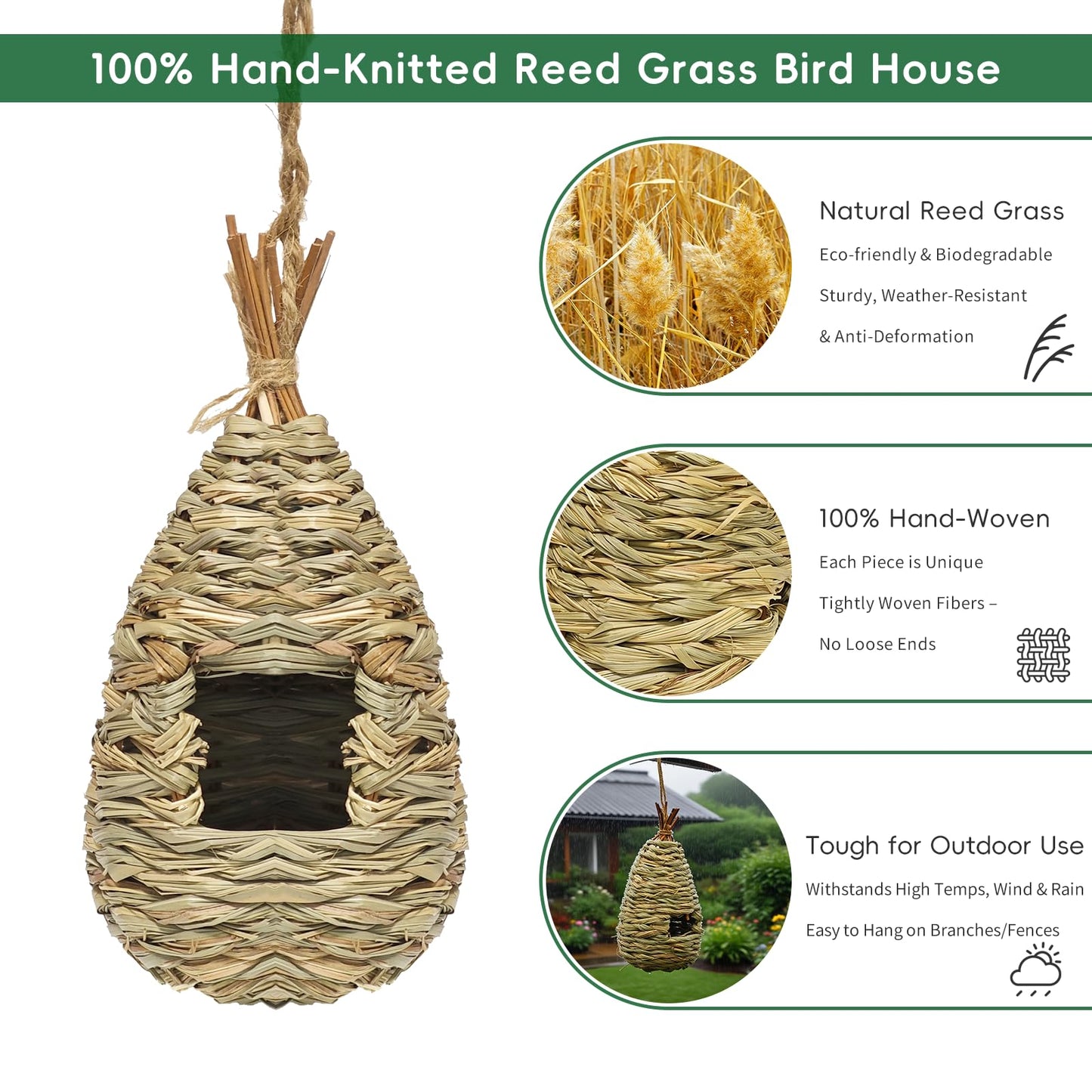 Gute Hummingbird Houses for Outside Hanging, Natural Grass Hanging Bird Hut, Hand Woven Bird Nest, Large Wren Finch Bird House for Garden Window Outdoor Home Decoration, 3 Pack