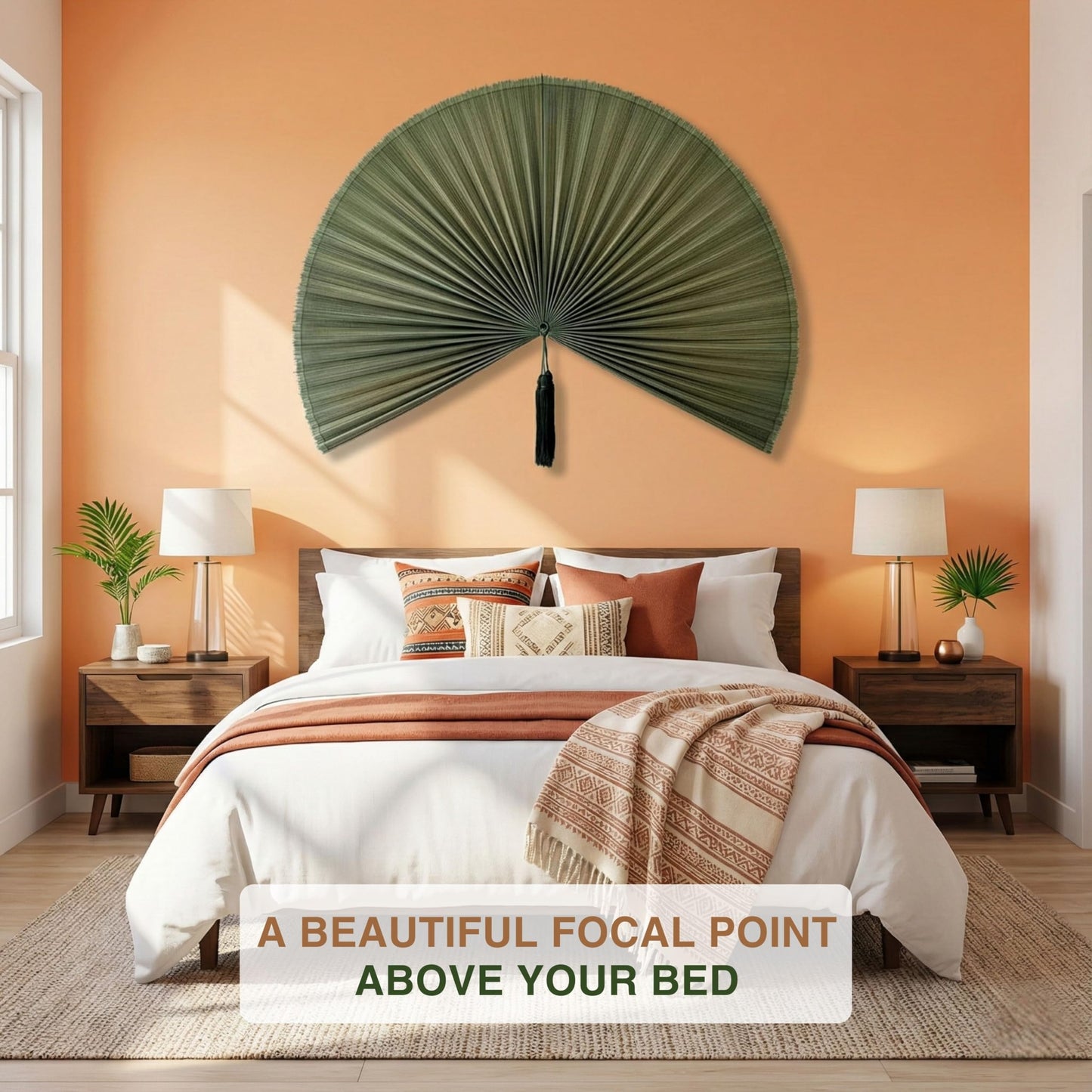 SUCHUBU Bamboo Fan Wall Decor Japanese Hanging Art Headboard, Boho Folding Asian Style, Natural Ivory Home Aesthetic - Lightweight Easy to Hang over Bed Decor (Green, Large)