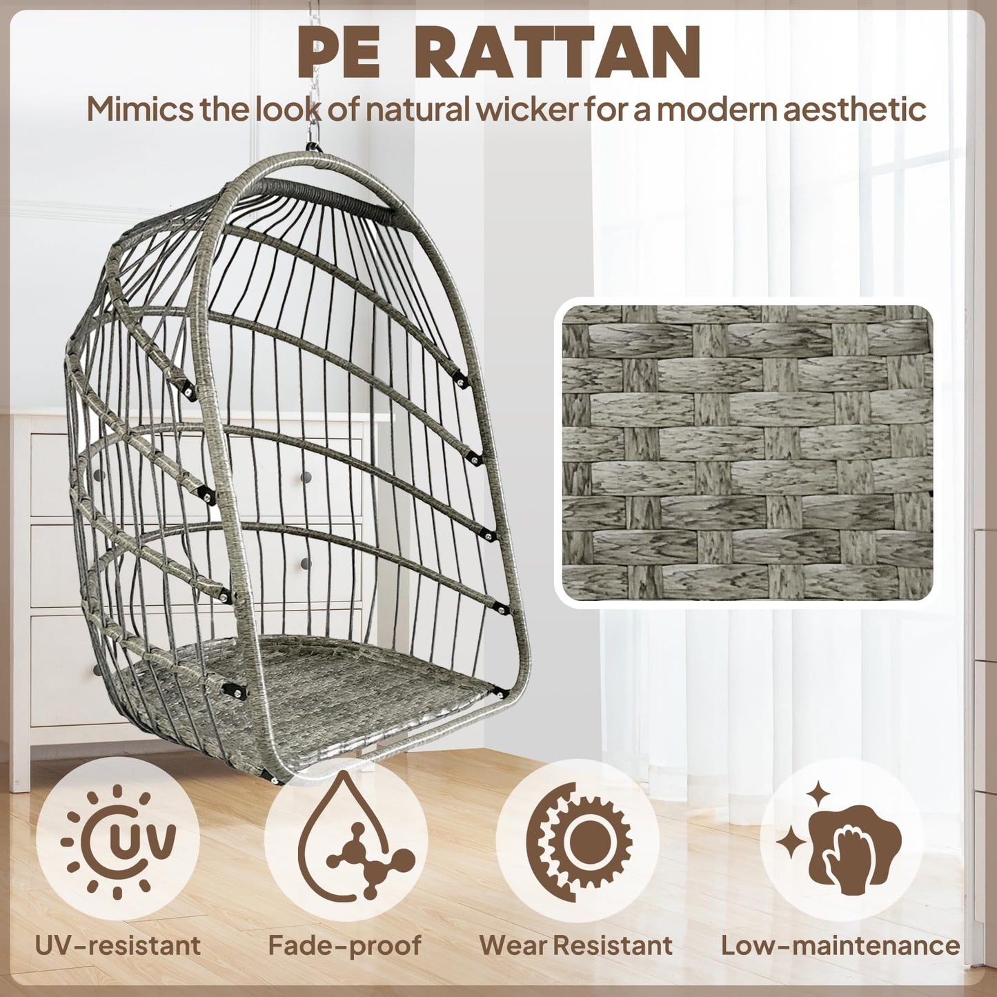 Chihee Egg Chair Foldable Wicker Rattan Hanging Swing Chair Indoor Outdoor Patio Wicker Chair Hammock Chairs with Stainless Steel Hanging Kit Chain Link UV Resistant Cushion Bedroom Balcony