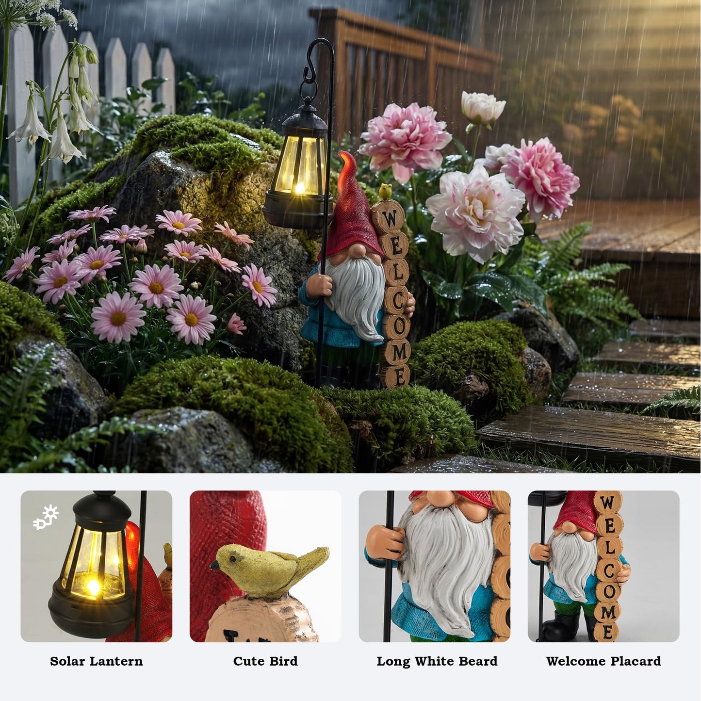 PETAFLOP Solar Garden Gnome Statue Decor with Welcome Sign, Funny Gnomes Figurine for Yard Patio Balcony Outdoor Decorations, Mother's Day Birthday Housewarming Gifts for Mom Grandma