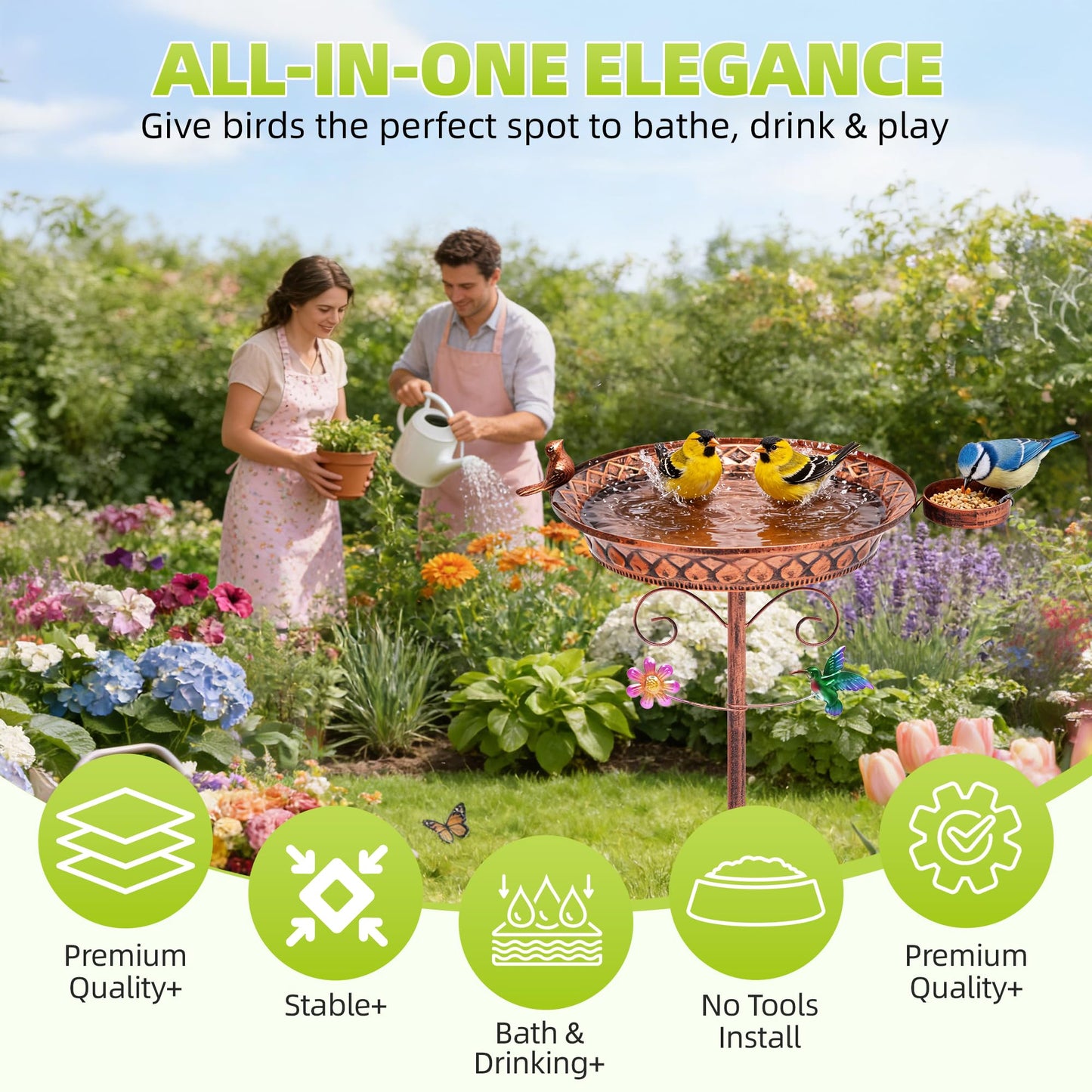 YOFOVI Metal Bird Bath for Outside, 40 Inch Tall Standing Bird Baths Bowl with Detachable Birds Feeder, Heavy Duty Birdbaths for Outdoors, Garden Yard Decor, Copper