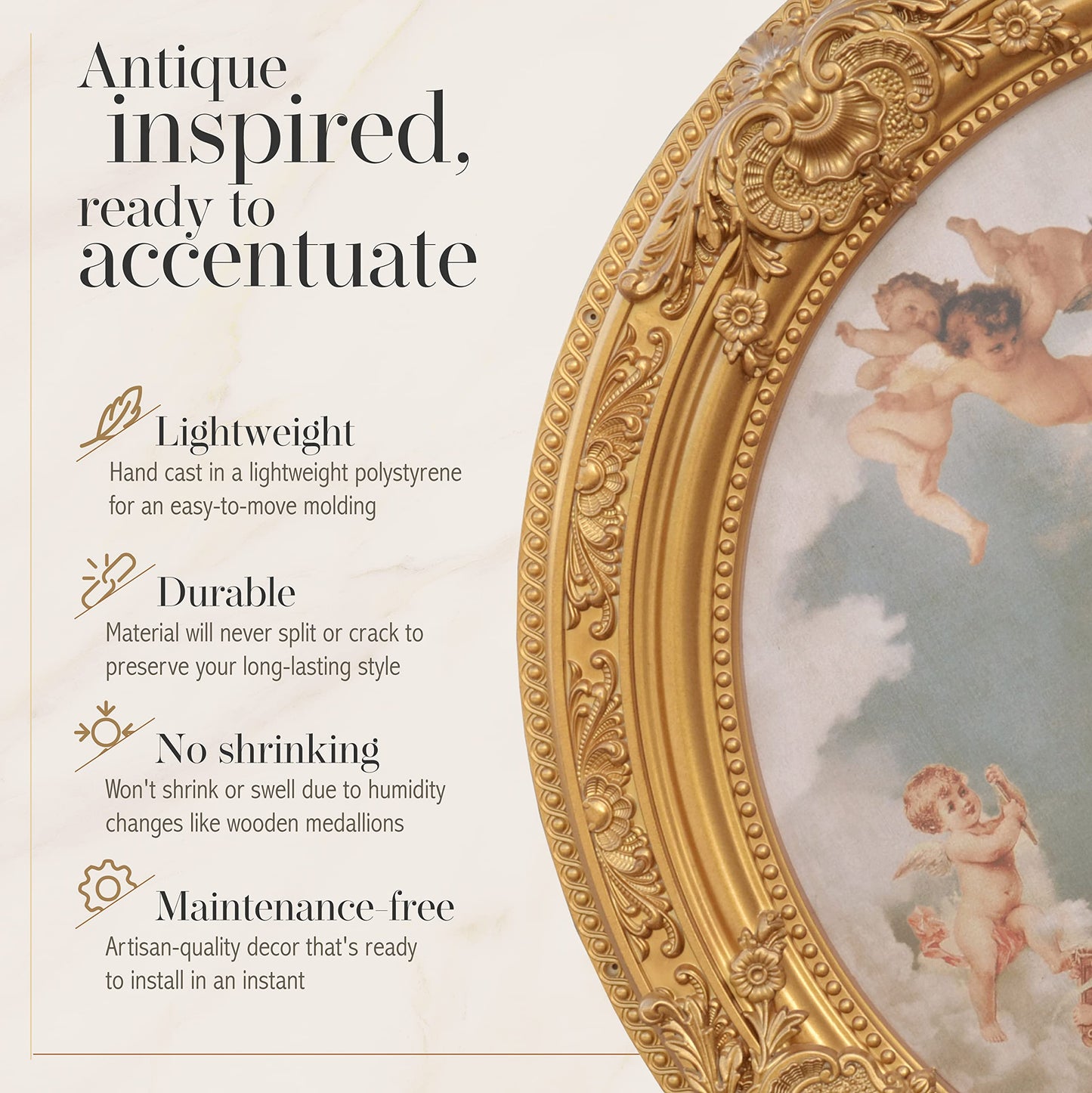 AFD Home Antique Cherubs Sky Gold Trim Round Chandelier Ceiling Medallion for Home Improvement 36 Inch Diameter Polystyrene Decorative Ceiling Plate Molding