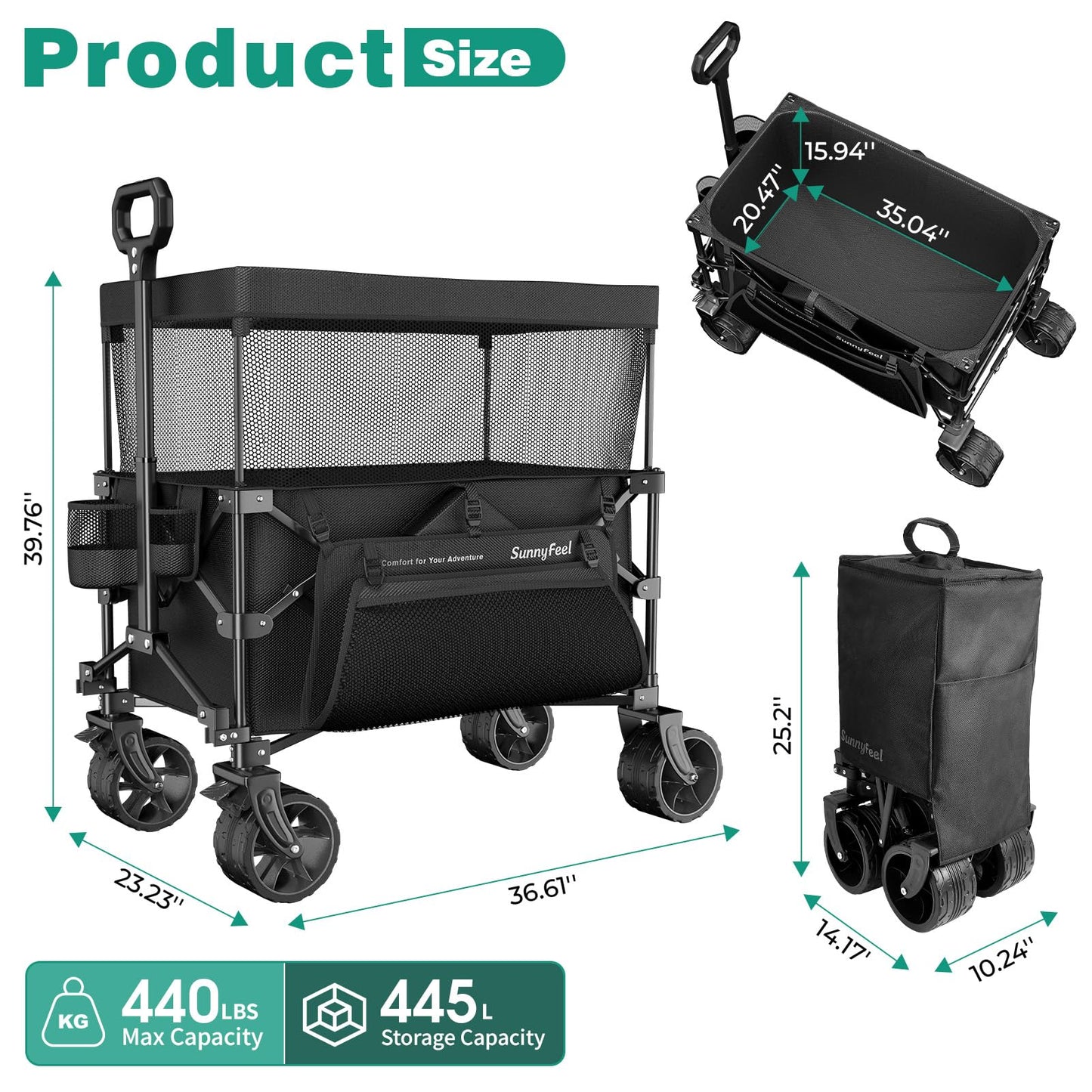 SUNNYFEEL 445L Extra Large Folding Wagon Cart with Canopy, 440 LBS Heavy Duty Collapsible Utility Cart with All-Terrain Wheels, 3-in-1 Portable Wagon for Garden, Groceries, Camping, Beach, Shopping