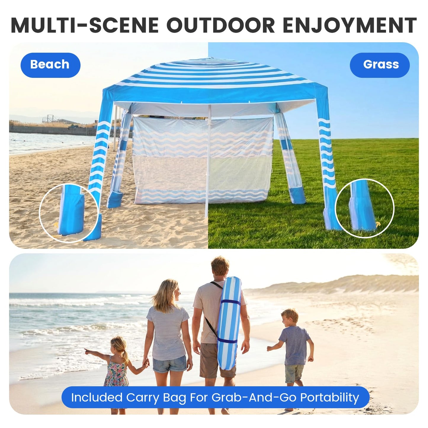 Zeraty Beach Cabana 8'×8', Portable Beach Canopy Easy Pop Up, Beach Tent Sun Shelter with Side Wall, Beach Umbrella Tent with Silver‑Coated Fabric for Family, Wind Resistant