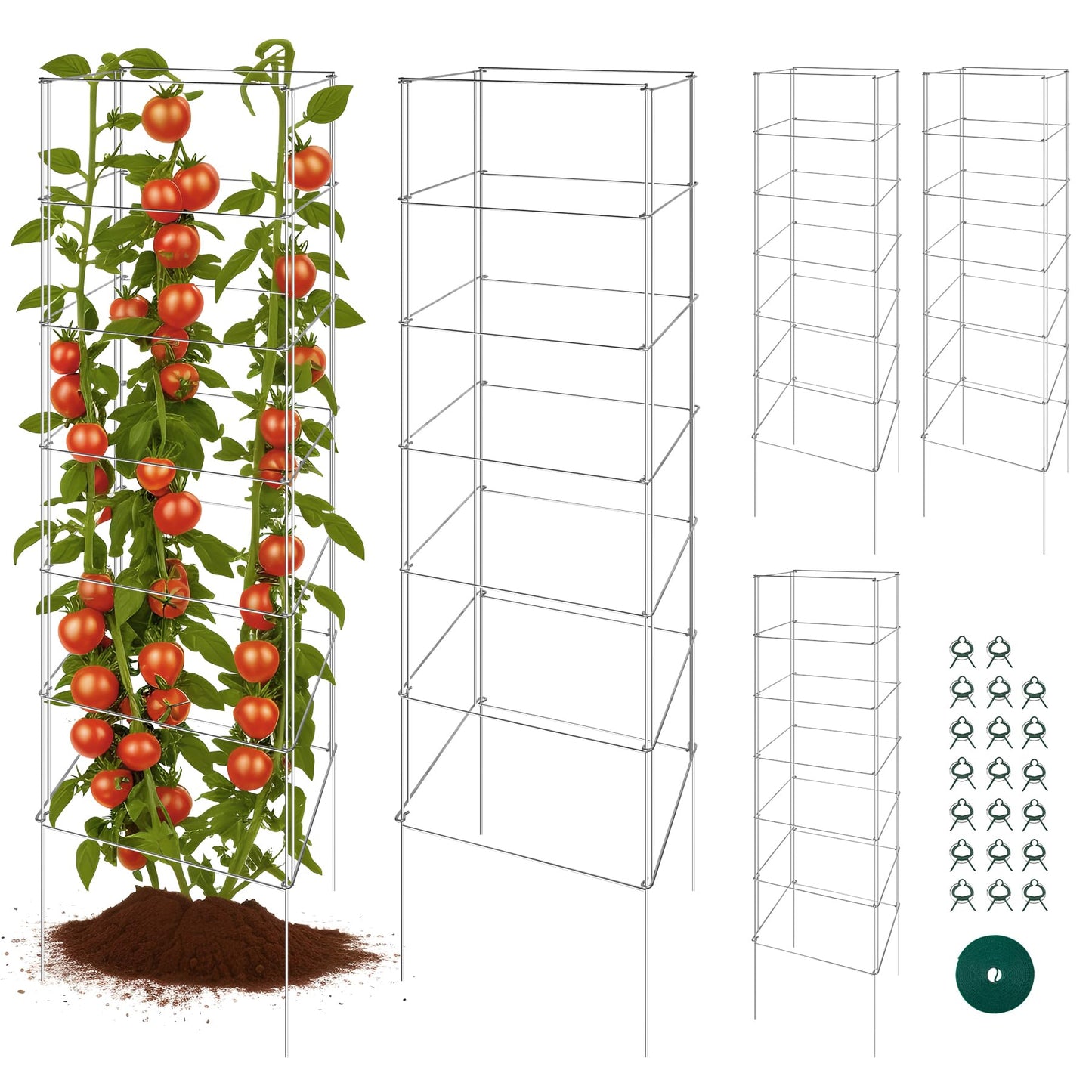 Toriexon Metal Foldable Tomato Cages 13" x 56", Square Tomato Cages Plant Support for Vegetable Garden, Heavy Duty Tall Tomato Cages for Beans, Tomatos, Cucumbers - 5 Pack