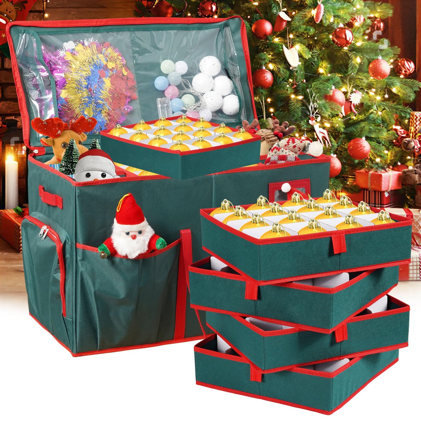 Peyulia Christmas Ornament Storage Box,2-in-1 Christmas ornament organizer&Christmas Figurine Container,5 Trays,6 Adjustable Christmas Figurine Storage Grids,Green