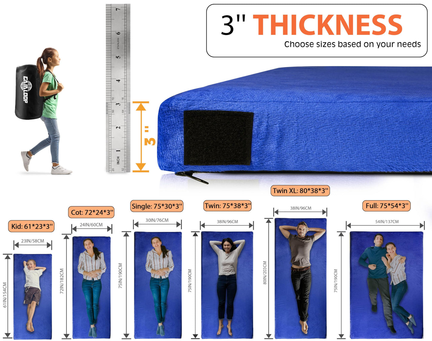 GAIALOOP 3 Inch Memory Foam Camping Mattress, Dual Layer Thick Sleeping Camp Pad for Car Tent Cot, Roll-Up Portable Glamping Floor Bed for Guests Sleepover[Cot: 72 * 24 * 3"]