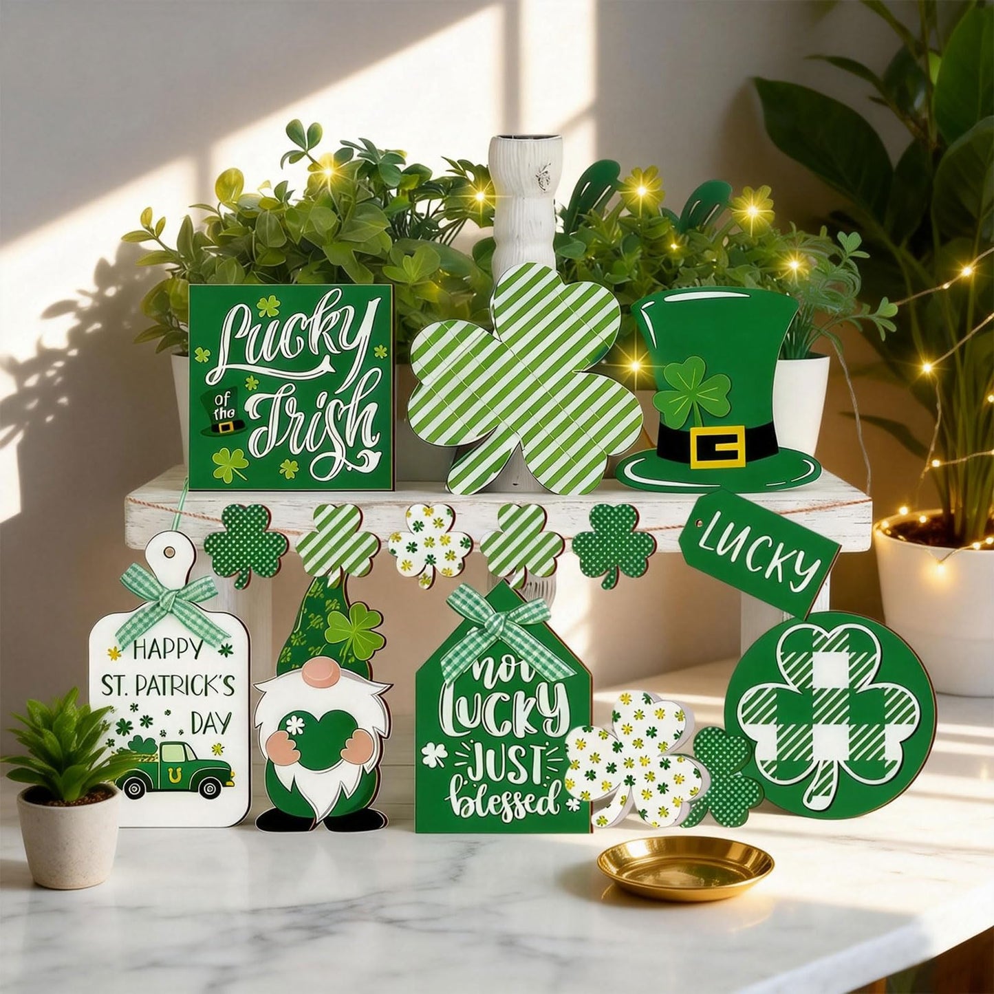 15PCS St. Patrick's Day Tray Decor Wooden Signs Table Centerpieces with Plush Gnome, Shamrock Pattern, Blessing Ornaments & 1 Mini String Light for St. Patrick's Day Party Tabletop Tray Decoration